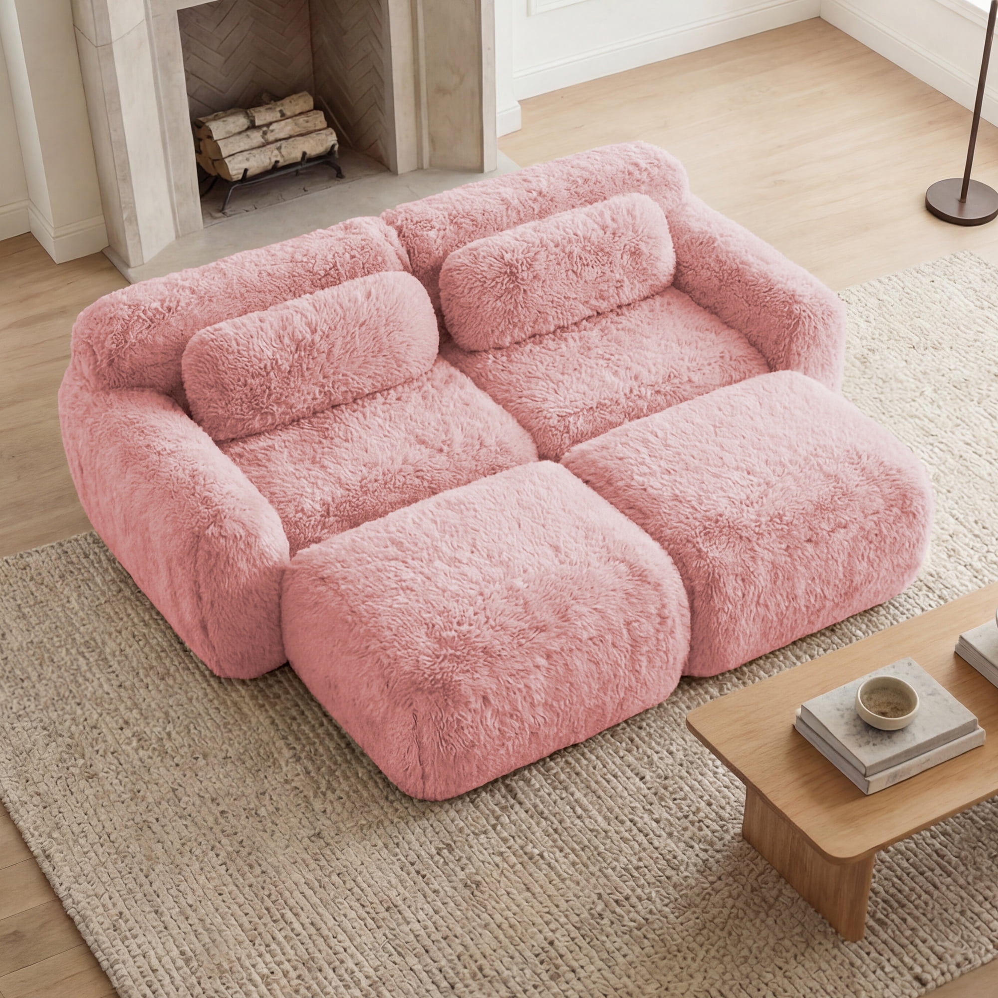 MAYEERTY 80" Pink Boneless Sofa, Plush Fabric 32D Foam Non-Slip Base No Assembly Deep Seat with Chaise Free Combination for Study