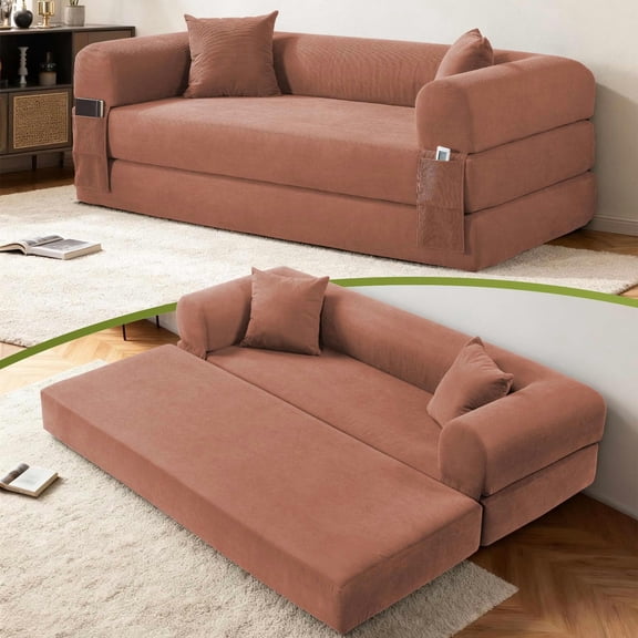 MAYEERTY 80" Pink Corduroy Convertible Sofa Bed, 600lbs Queen Size Fold Out Sleeper Couch with Storage & No Assembly for Living Room