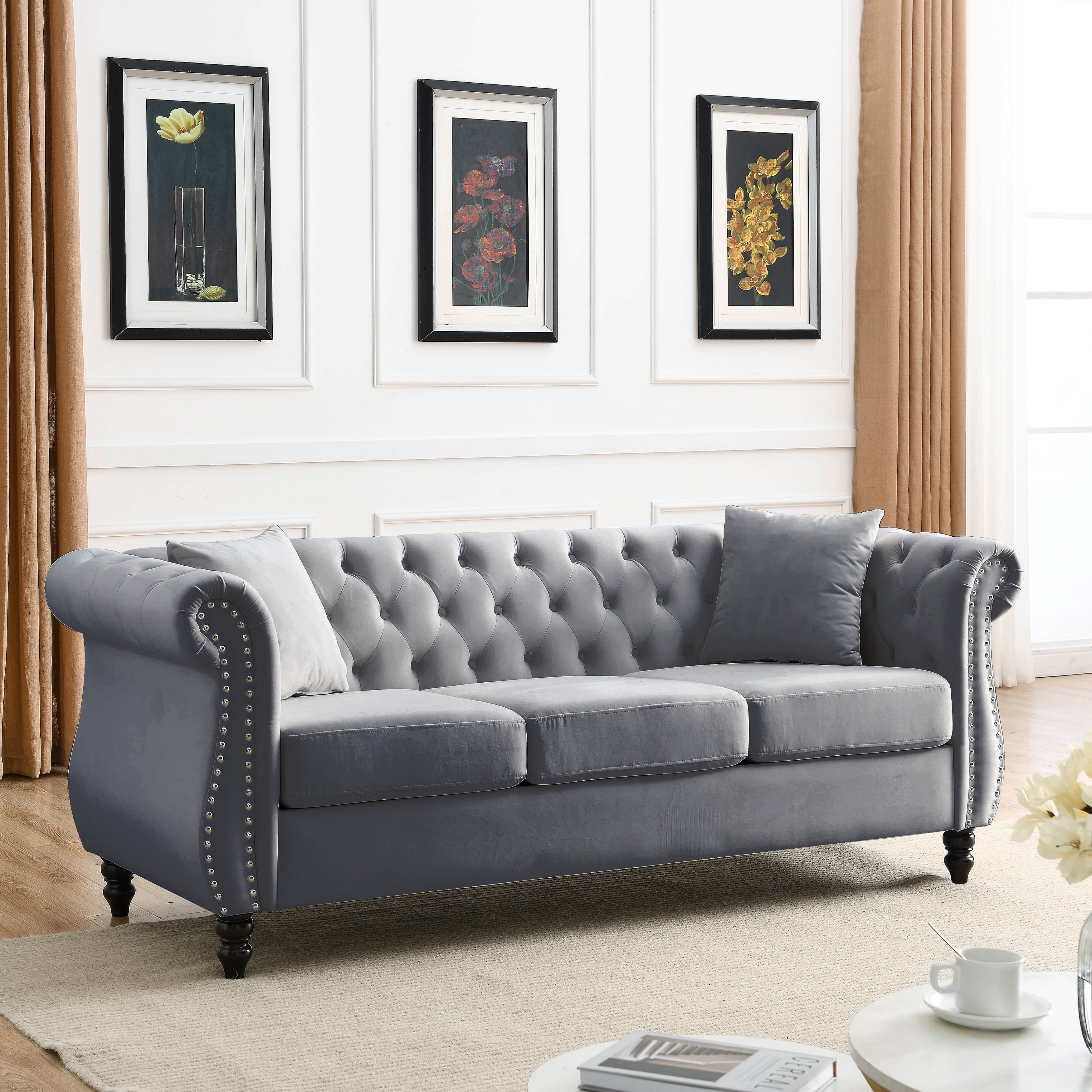 MAYEERTY 80''Premium chenille fabric sofa with 2 cushions and 1 lumbar pillow Armrest strap design,,upholstered 3-seater sofa for living rooms, bedrooms,apartments and offices Grey