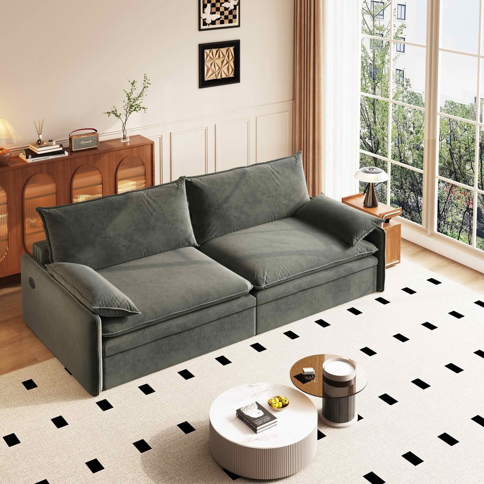 MAYEERTY 81.1" 4‑Seat Convertible Sleeper Sofa Bed, Cloud‑Like Chenille Couch with Storage, USB Port and 2‑in‑1 Pillows