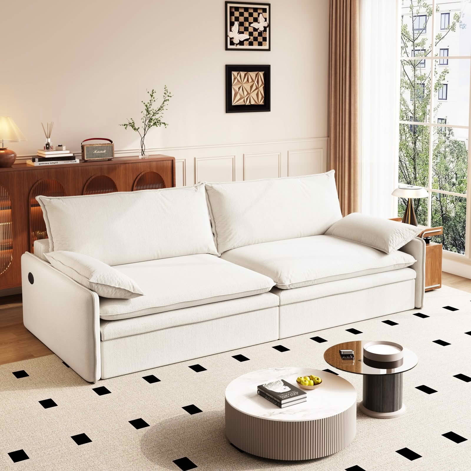 MAYEERTY 81.1" 4‑Seat Convertible Sleeper Sofa Bed, Cloud‑Like Chenille Couch with Storage, USB Port and 2‑in‑1 Pillows