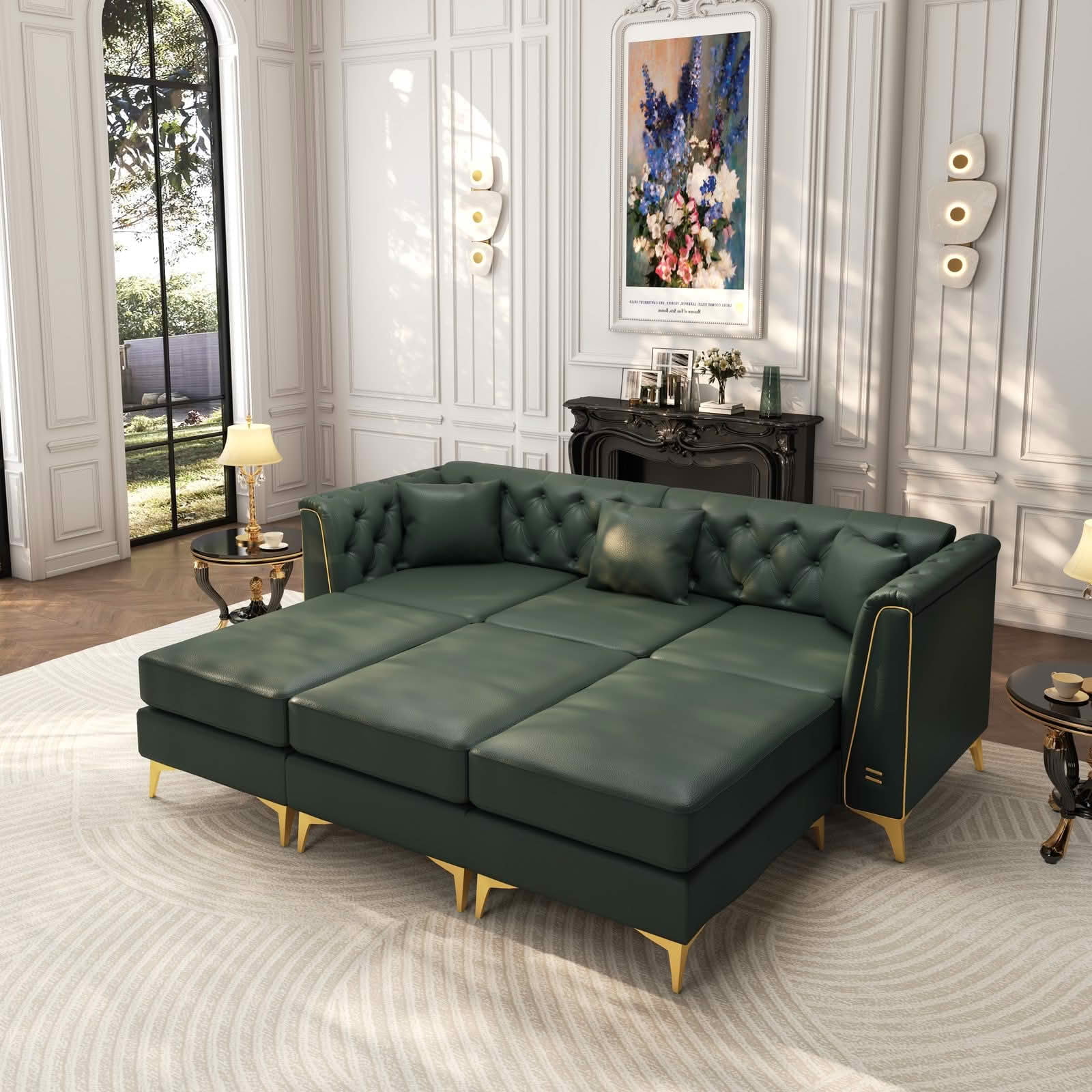 MAYEERTY 81.5" Light Luxury Modular Chesterfield 3‑Seater Sofa with 2 Ottomans, Faux‑Leather Couch, Button Tufting, Metal‑Trim Armrest & Slim Metal Legs, 3 Pillows Included