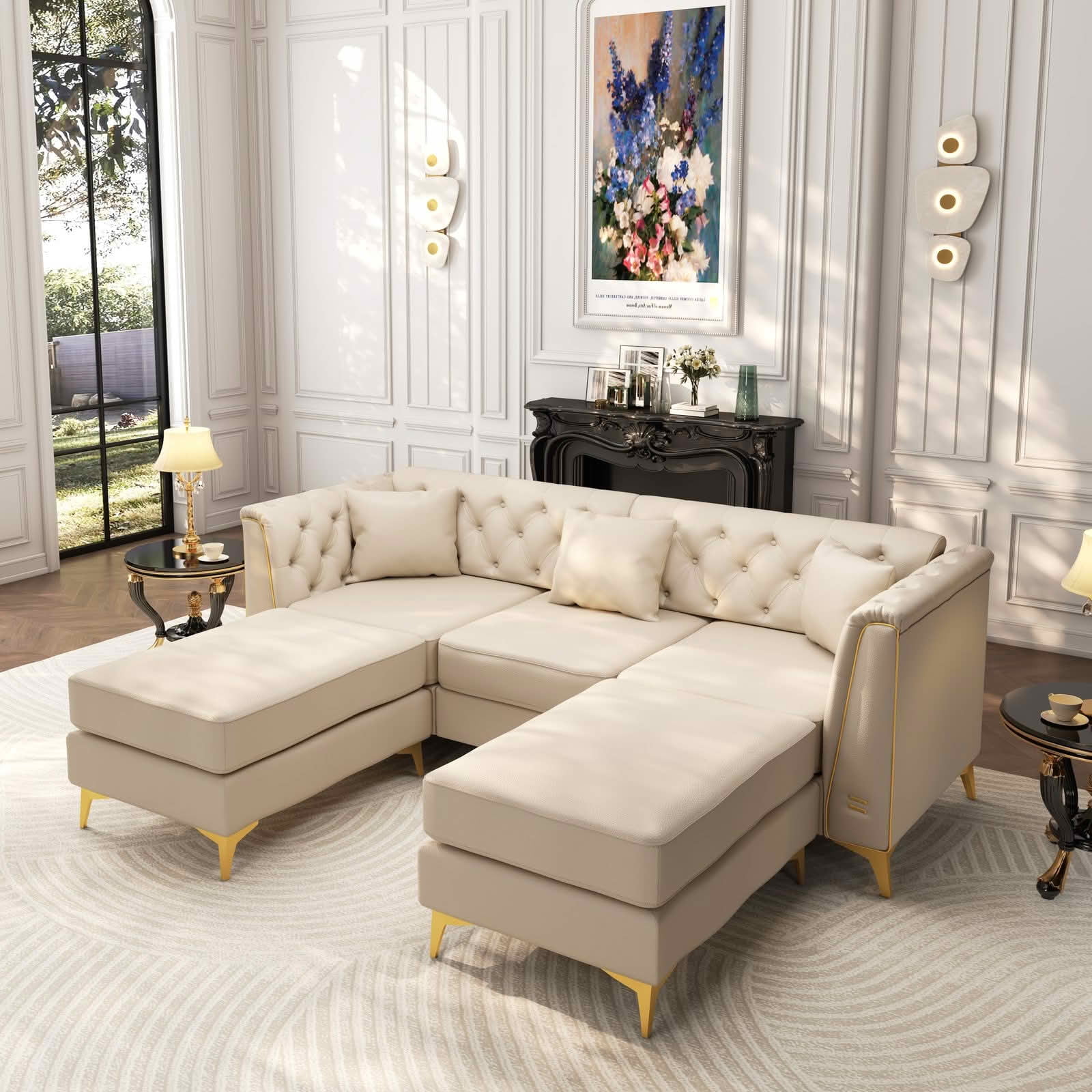MAYEERTY 81.5" Light Luxury Modular Chesterfield 3‑Seater Sofa with 2 Ottomans, Faux‑Leather Couch, Button Tufting, Metal‑Trim Armrest & Slim Metal Legs, 3 Pillows Included