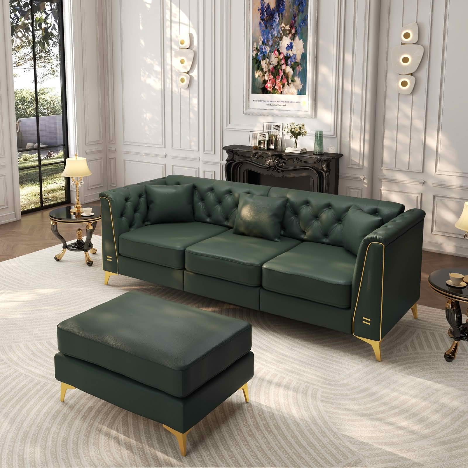 MAYEERTY 81.5" Light Luxury Modular Chesterfield 3‑Seater Sofa, Faux‑Leather Couch with Button Tufting, Metal‑Trim Armrest & Slim Metal Legs, 3 Pillows Included