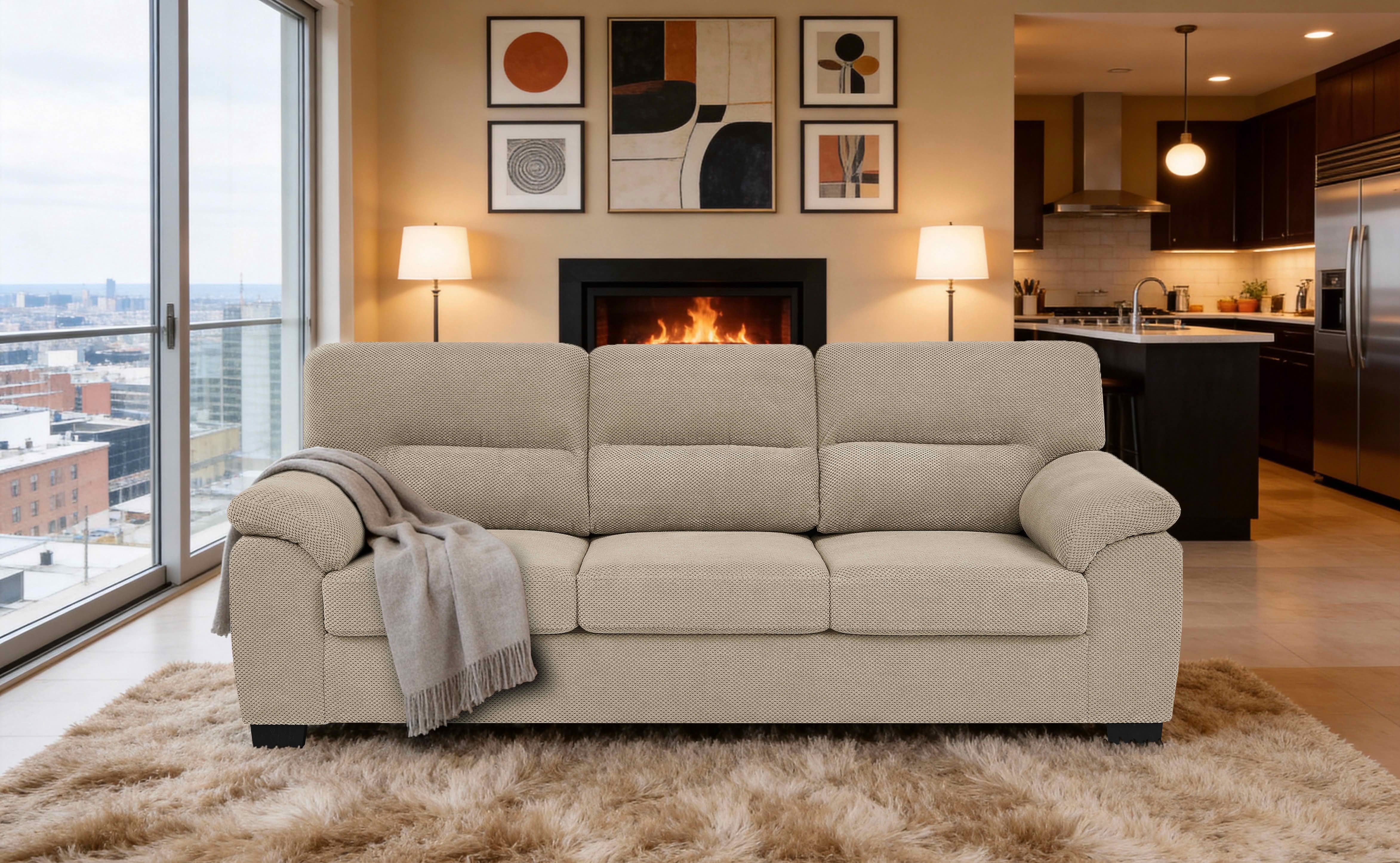 MAYEERTY 81 Inch 3‑Seater Sofa, Modern Textured Fabric Couch with Plush Track Arms & Solid Wood Frame for Living Room