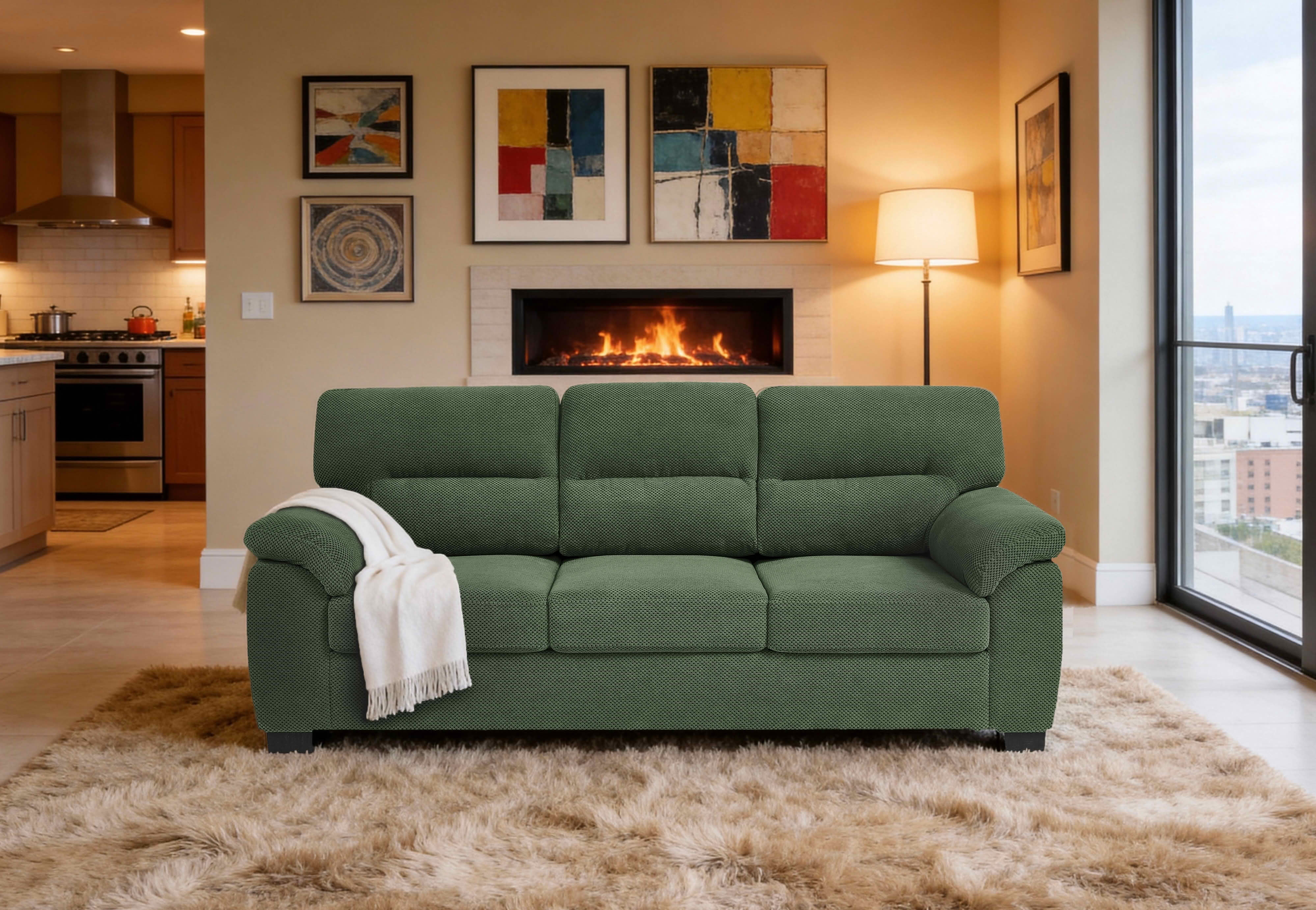 MAYEERTY 81 Inch 3‑Seater Sofa, Modern Textured Fabric Couch with Plush Track Arms & Solid Wood Frame for Living Room