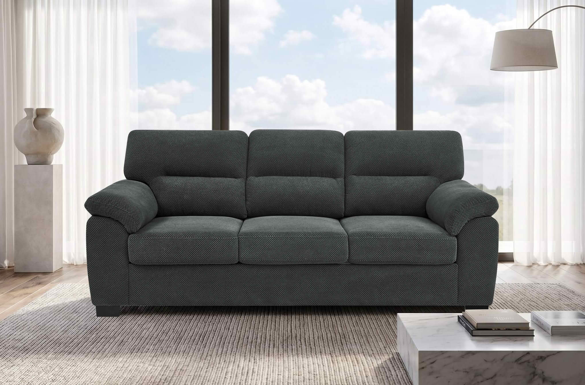 MAYEERTY 81 Inch 3‑Seater Sofa, Modern Textured Fabric Couch with Plush Track Arms & Solid Wood Frame for Living Room
