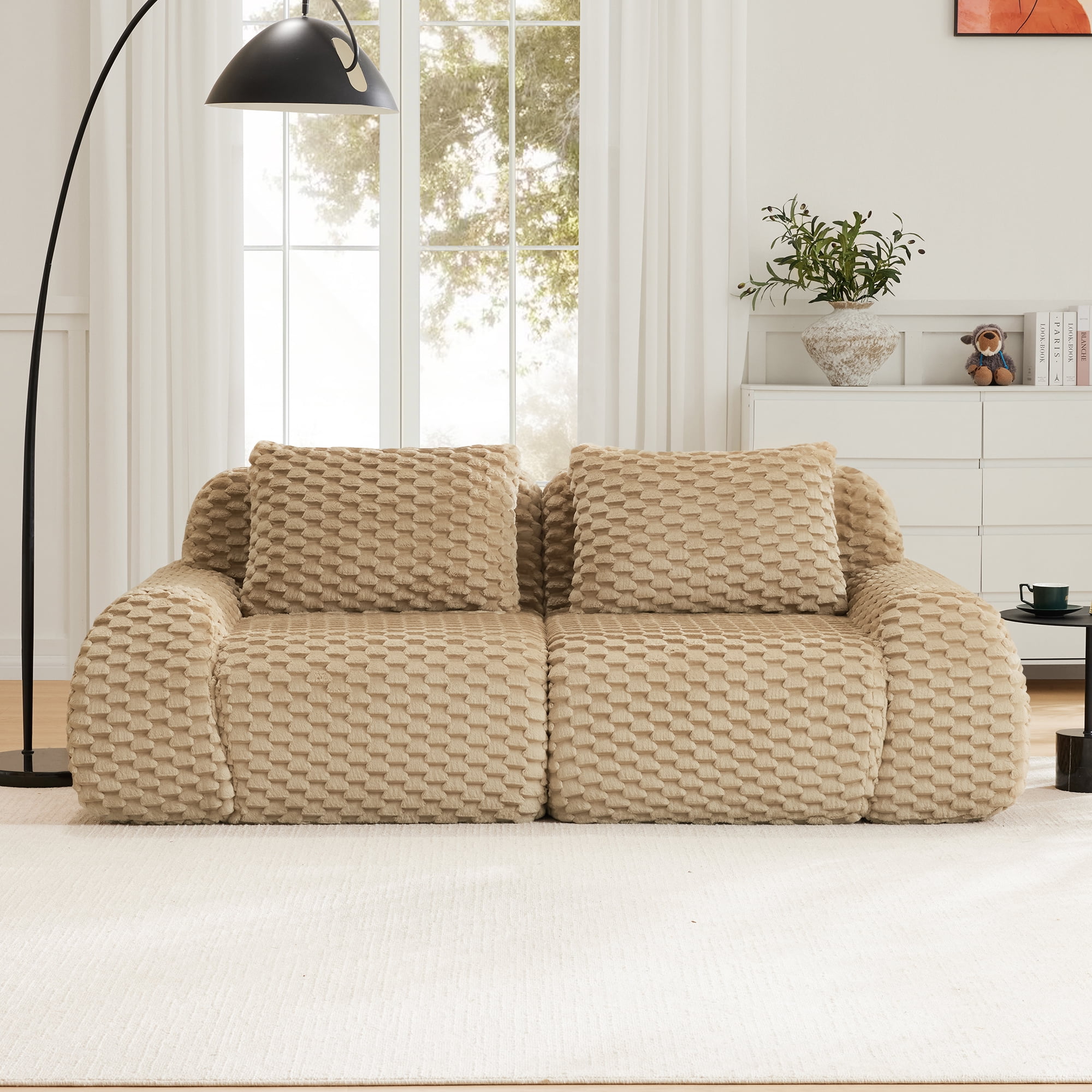 MAYEERTY 82" 2-Seater Modular Sofa, Textured Flannelette, Boneless Deep Seat, Anti-Slip, No Assembly, Light Camel