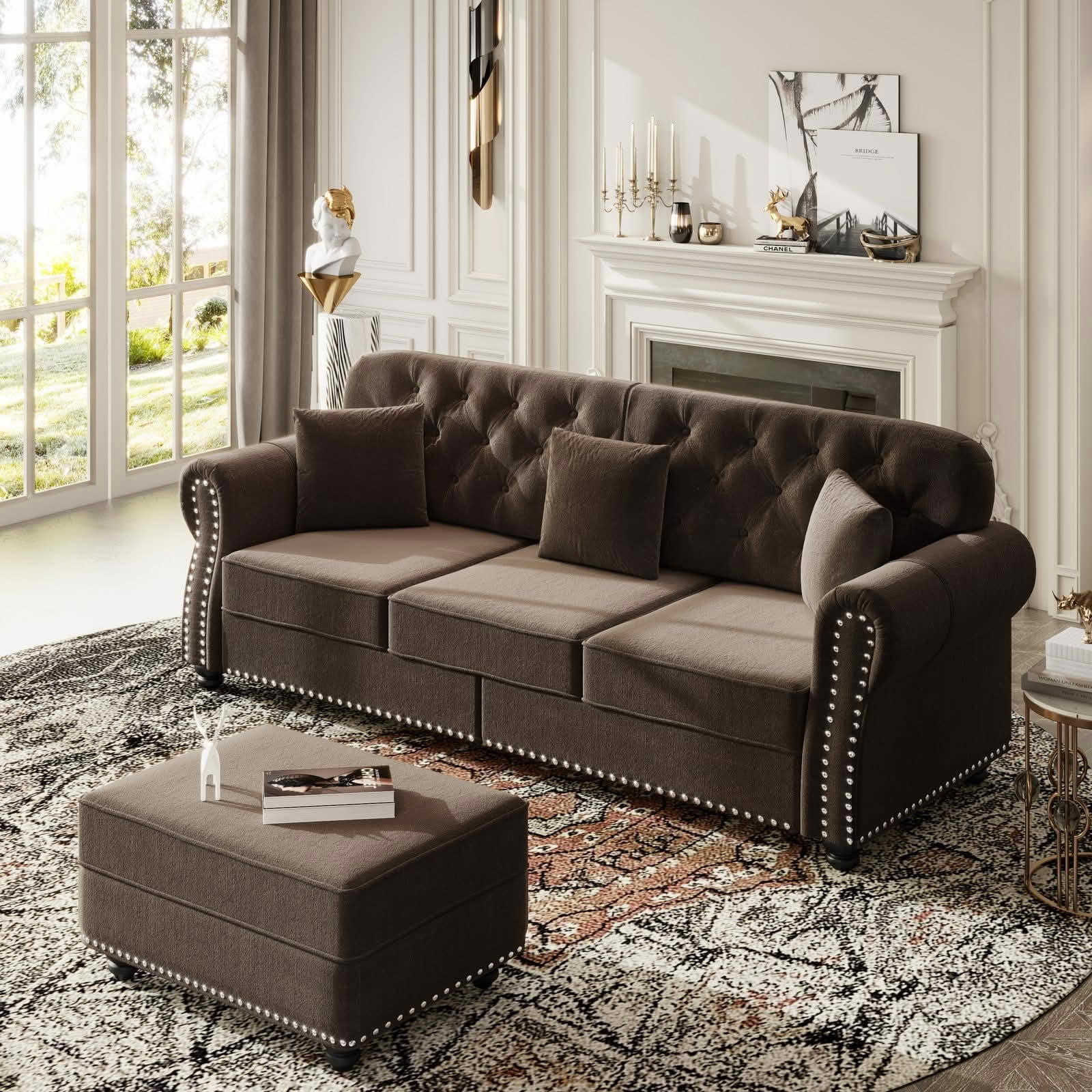MAYEERTY 82.6 Inch Velvet Chesterfield 3‑Seater Sofa, Mid‑Century Modern Couch with Button Tufting, Nailhead Trim and Rolled Armrests, Comes with 3 Pillows for Home Living Room