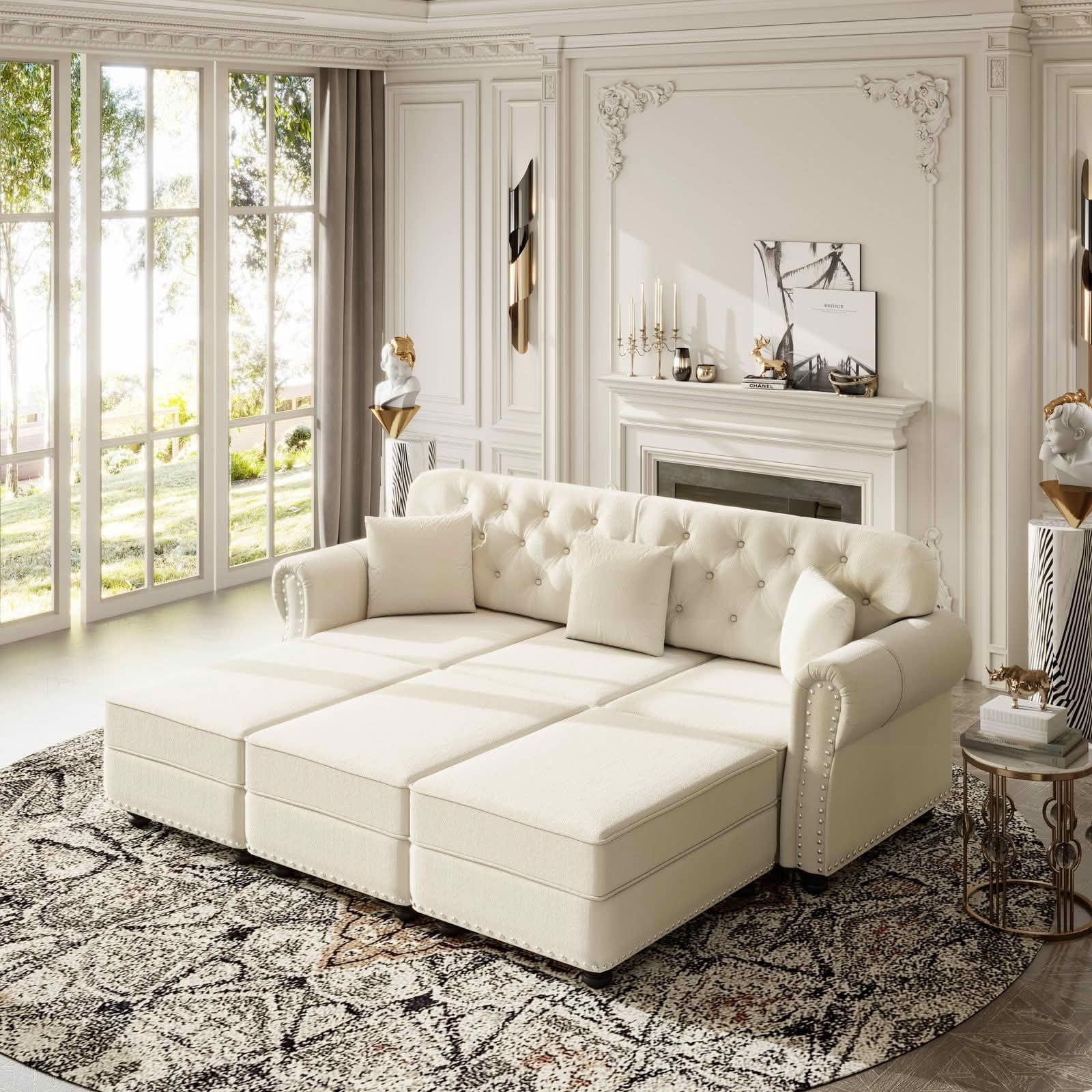 MAYEERTY 82.6 Inch Velvet Chesterfield 3‑Seater Sofa Set, Mid‑Century Modern Couch with Button Tufting, Nailhead Trim, Rolled Armrests, 3 Pillows and Ottoman for Home Living Room