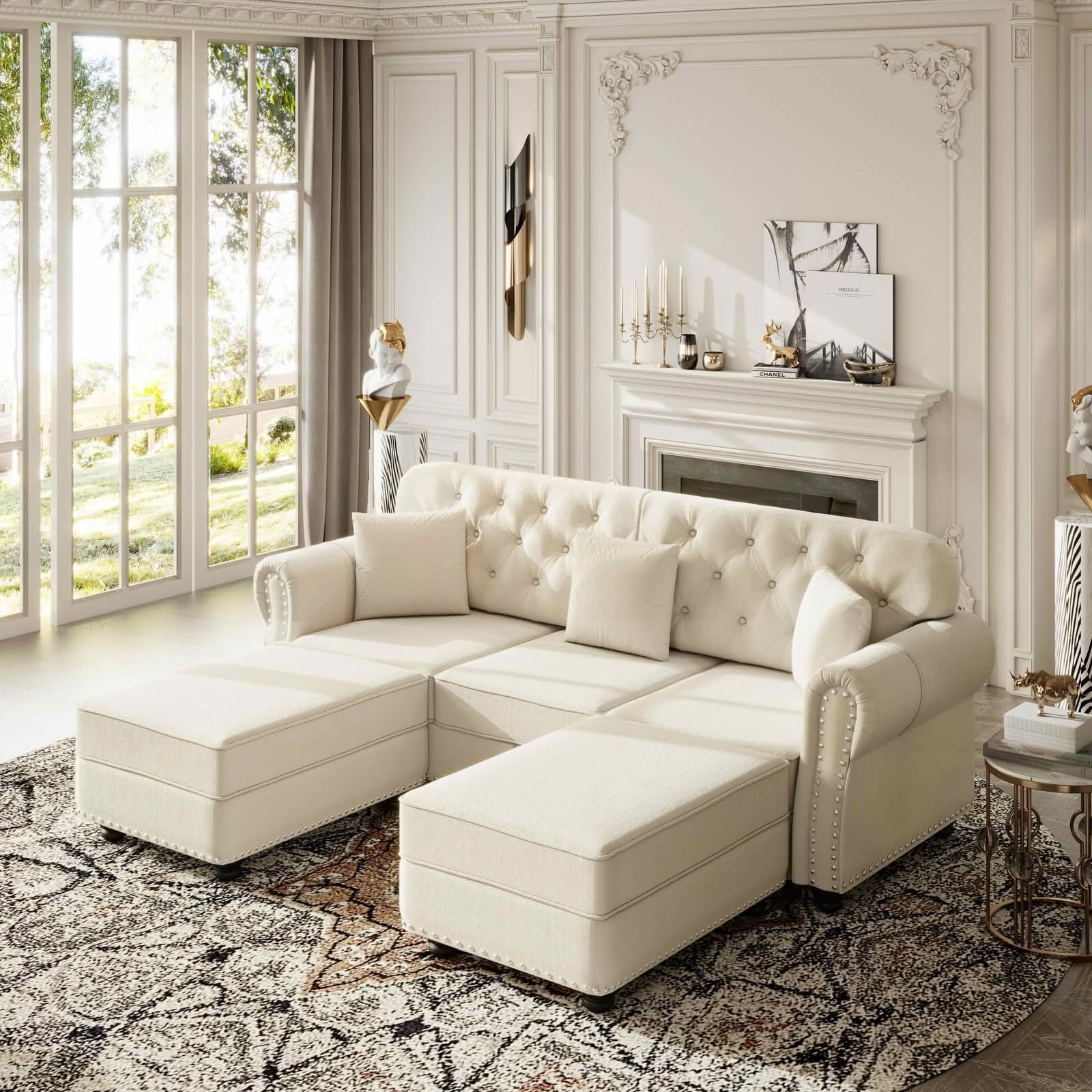 MAYEERTY 82.6 Inch Velvet Chesterfield 3‑Seater Sofa Set, Mid‑Century Modern Couch with Button Tufting, Nailhead Trim, Rolled Armrests, 3 Pillows and Ottoman for Home Living Room