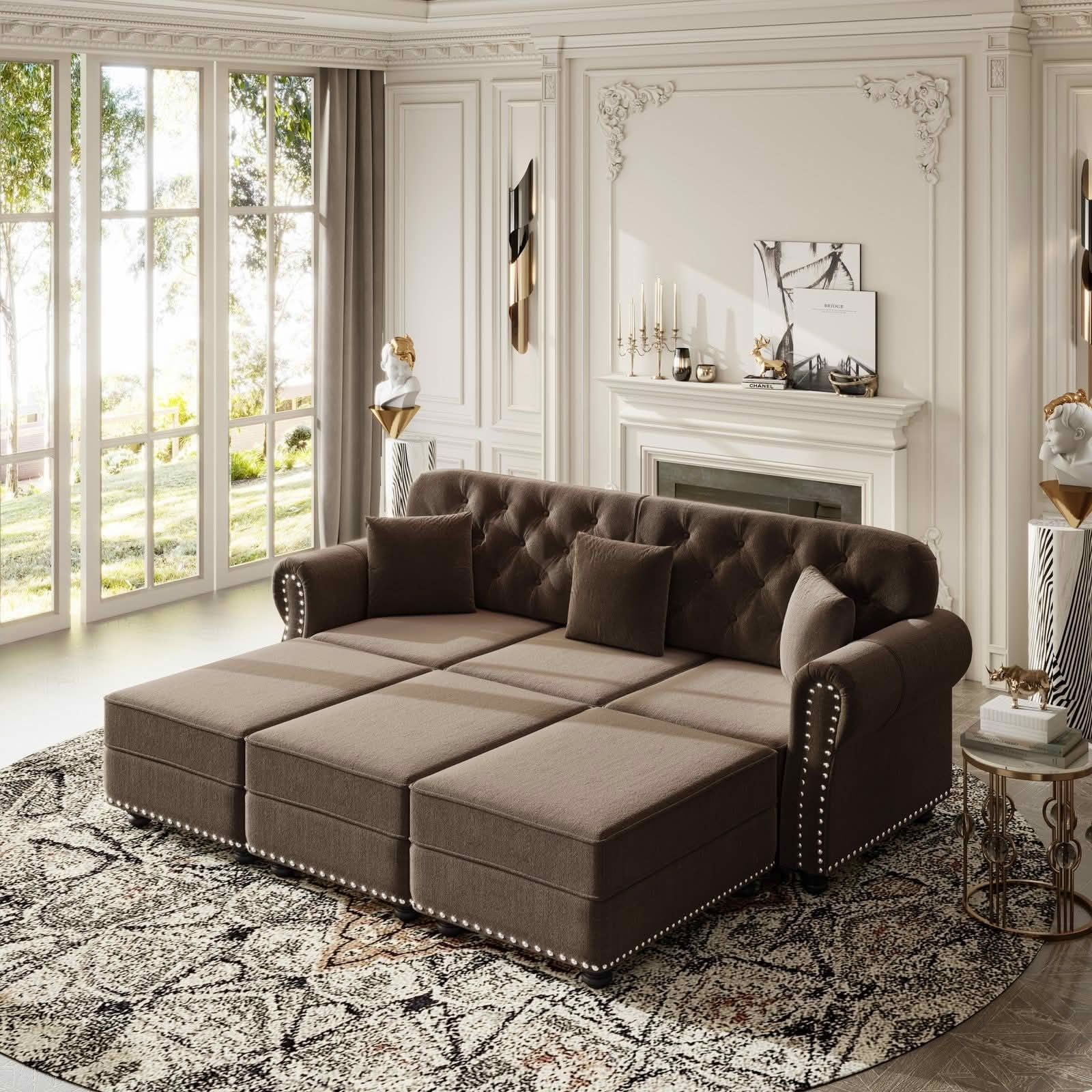 MAYEERTY 82.6 Inch Velvet Chesterfield 3‑Seater Sofa Set, Mid‑Century Modern Couch with Button Tufting, Nailhead Trim, Rolled Armrests, 3 Pillows and Ottoman for Home Living Room