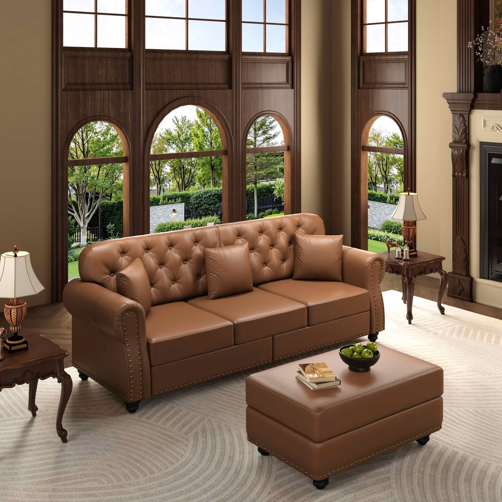 MAYEERTY 82.6" Upholstered Faux Leather 3‑Seater Chesterfield Sofa, Mid‑Century Modern Couch with Button Tufted, Nailhead Trim & Rolled Armrests, Includes 3 Pillows