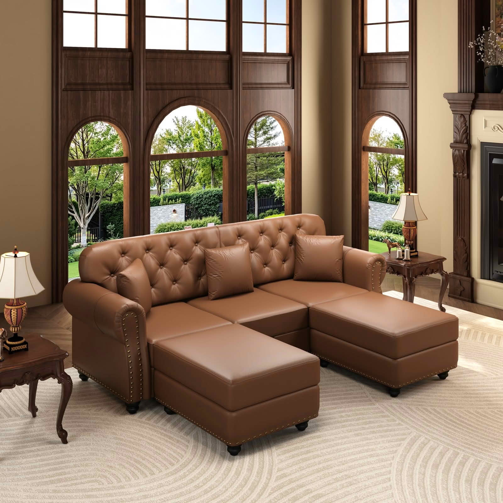 MAYEERTY 82.6" Upholstered Faux Leather 3‑Seater Chesterfield Sofa Set with 2 Ottomans, Mid‑Century Modern Couch with Button Tufted, Nailhead Trim & Rolled Armrests, Includes 3 Pillows