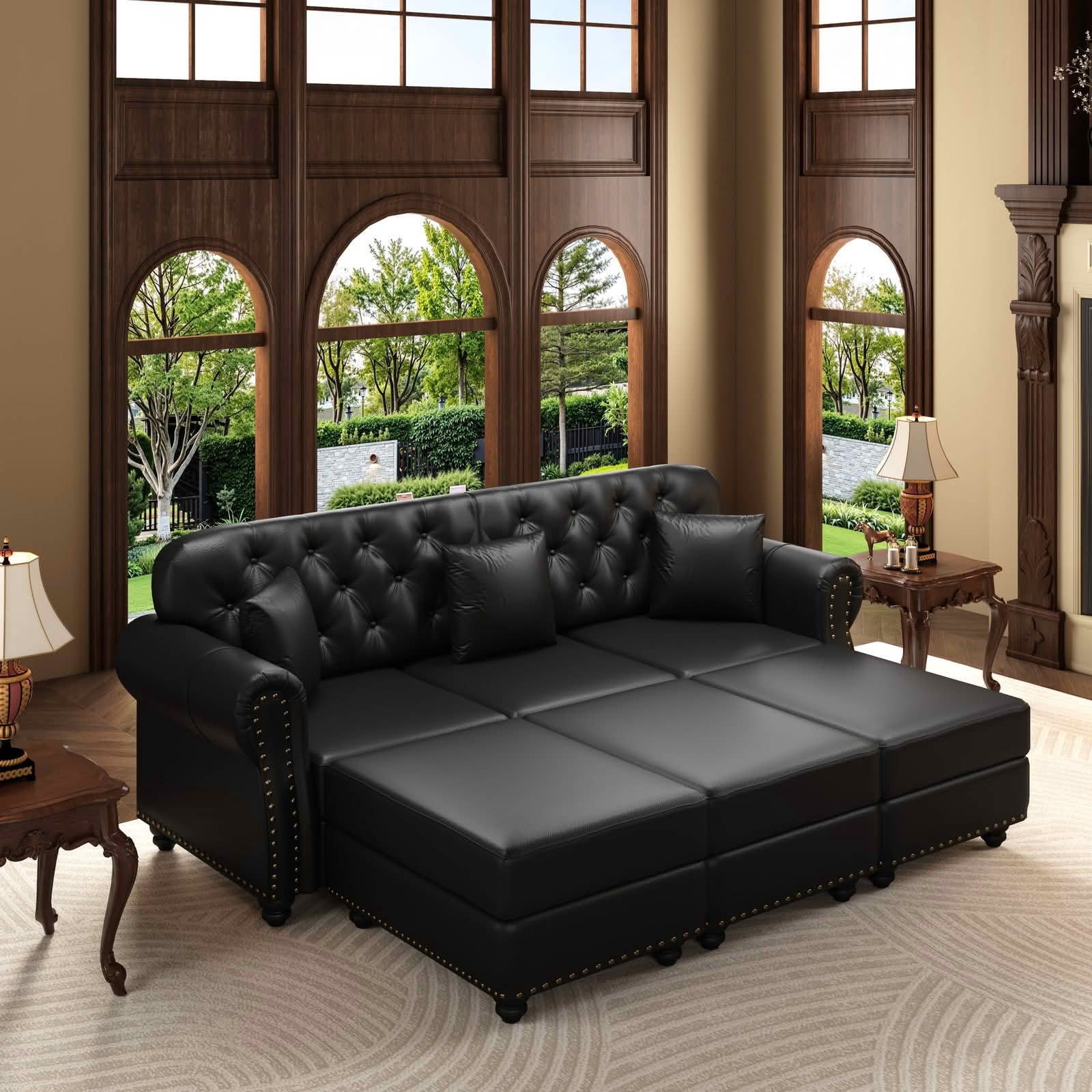 MAYEERTY 82.6" Upholstered Faux Leather 3‑Seater Chesterfield Sofa Set with 3 Ottomans, Mid‑Century Modern Couch with Button Tufted, Nailhead Trim & Rolled Armrests, Includes 3 Pillows