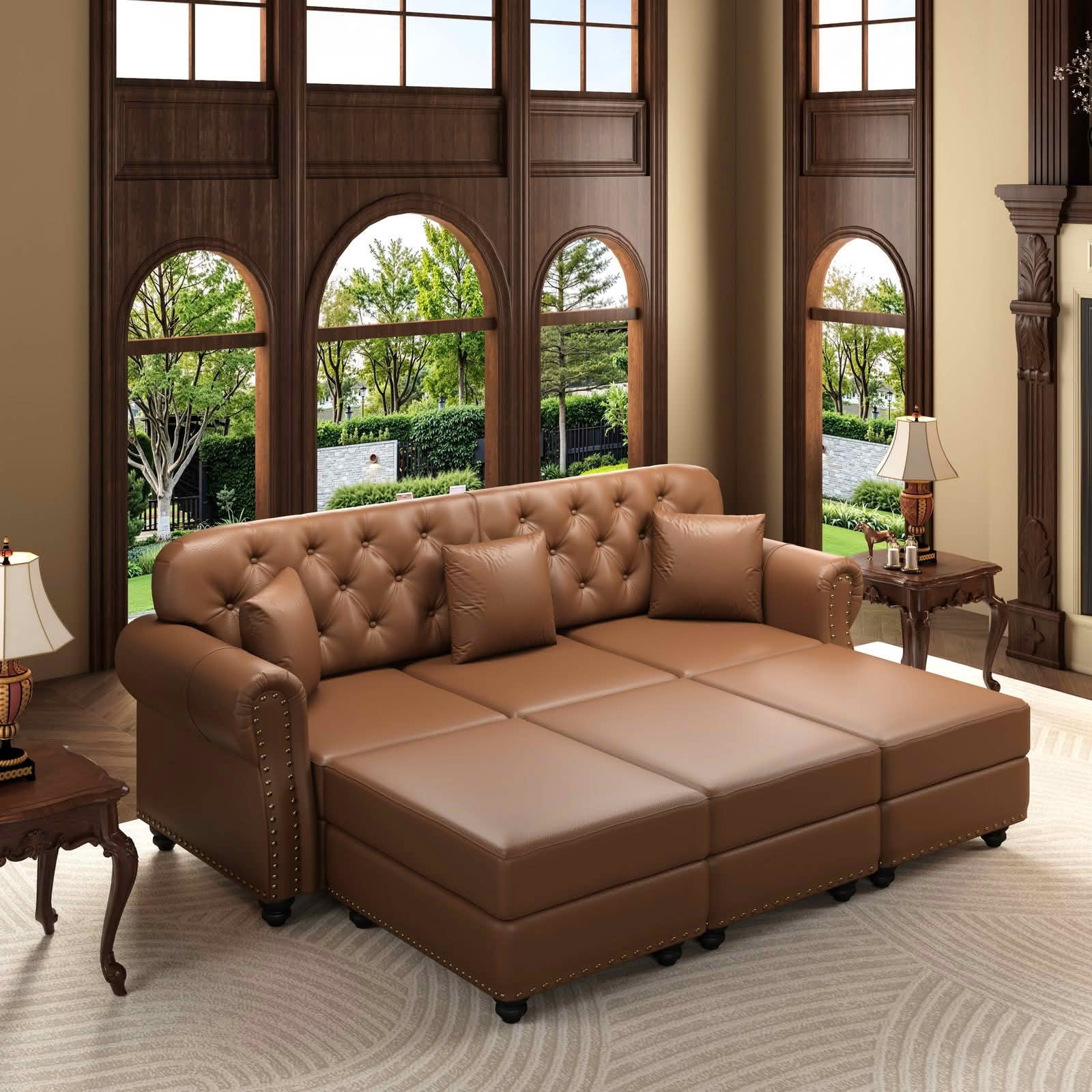 MAYEERTY 82.6" Upholstered Faux Leather 3‑Seater Chesterfield Sofa Set with 3 Ottomans, Mid‑Century Modern Couch with Button Tufted, Nailhead Trim & Rolled Armrests, Includes 3 Pillows