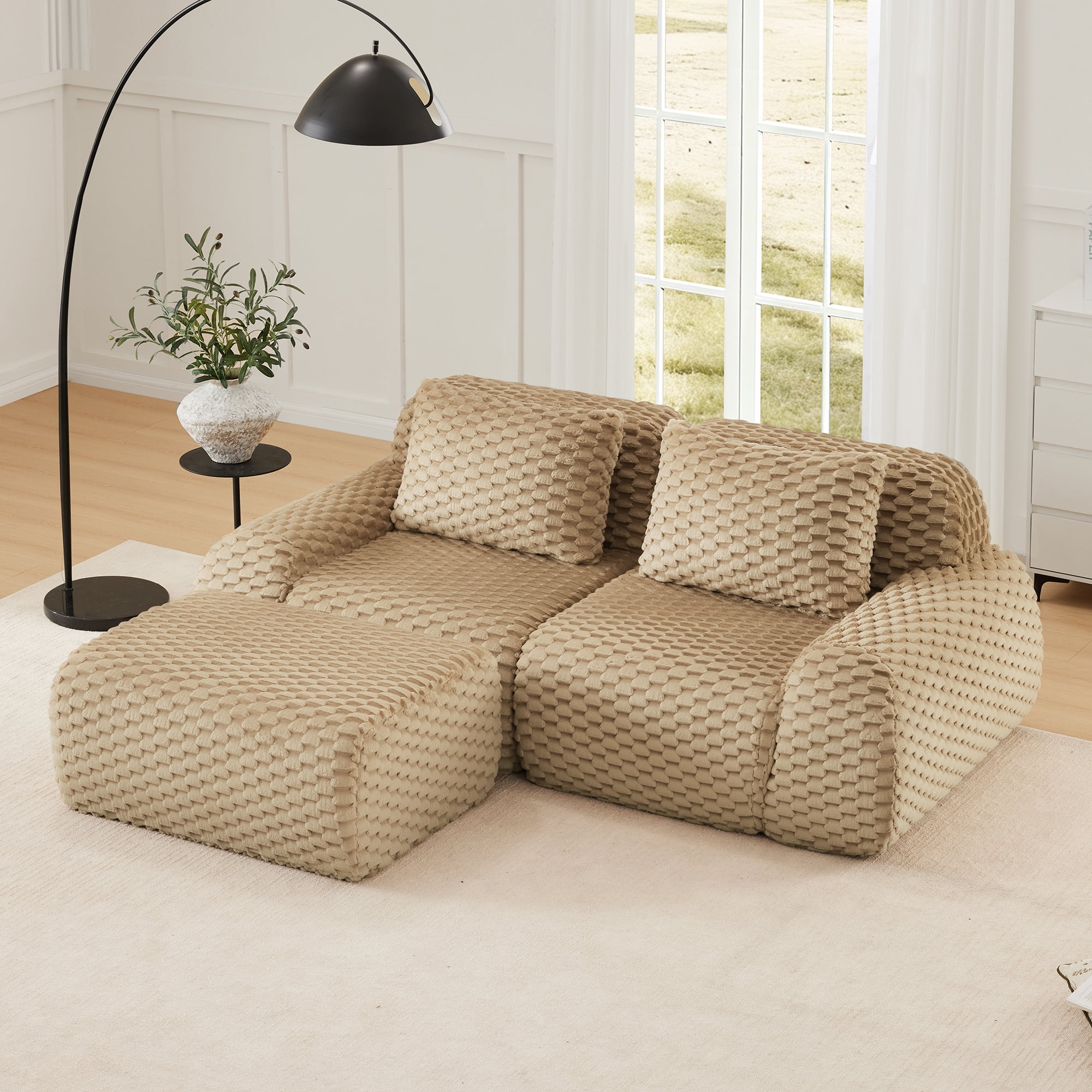 MAYEERTY 82" L-Shaped Modular Sofa, Textured Flannelette, Movable Ottoman, Boneless, No Assembly, Light Camel