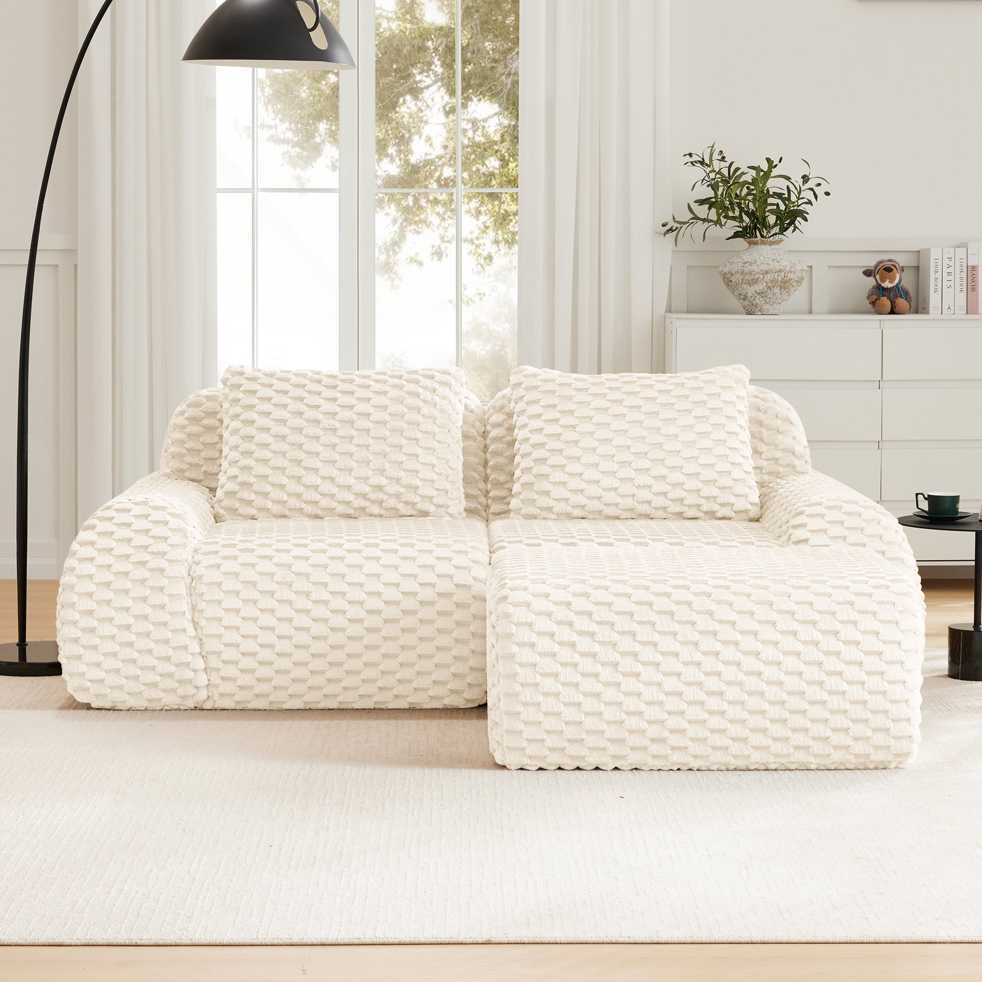 MAYEERTY 82" L-Shaped Modular Sofa, Textured Flannelette, Movable Ottoman, Pet-Friendly, No Assembly, Cream