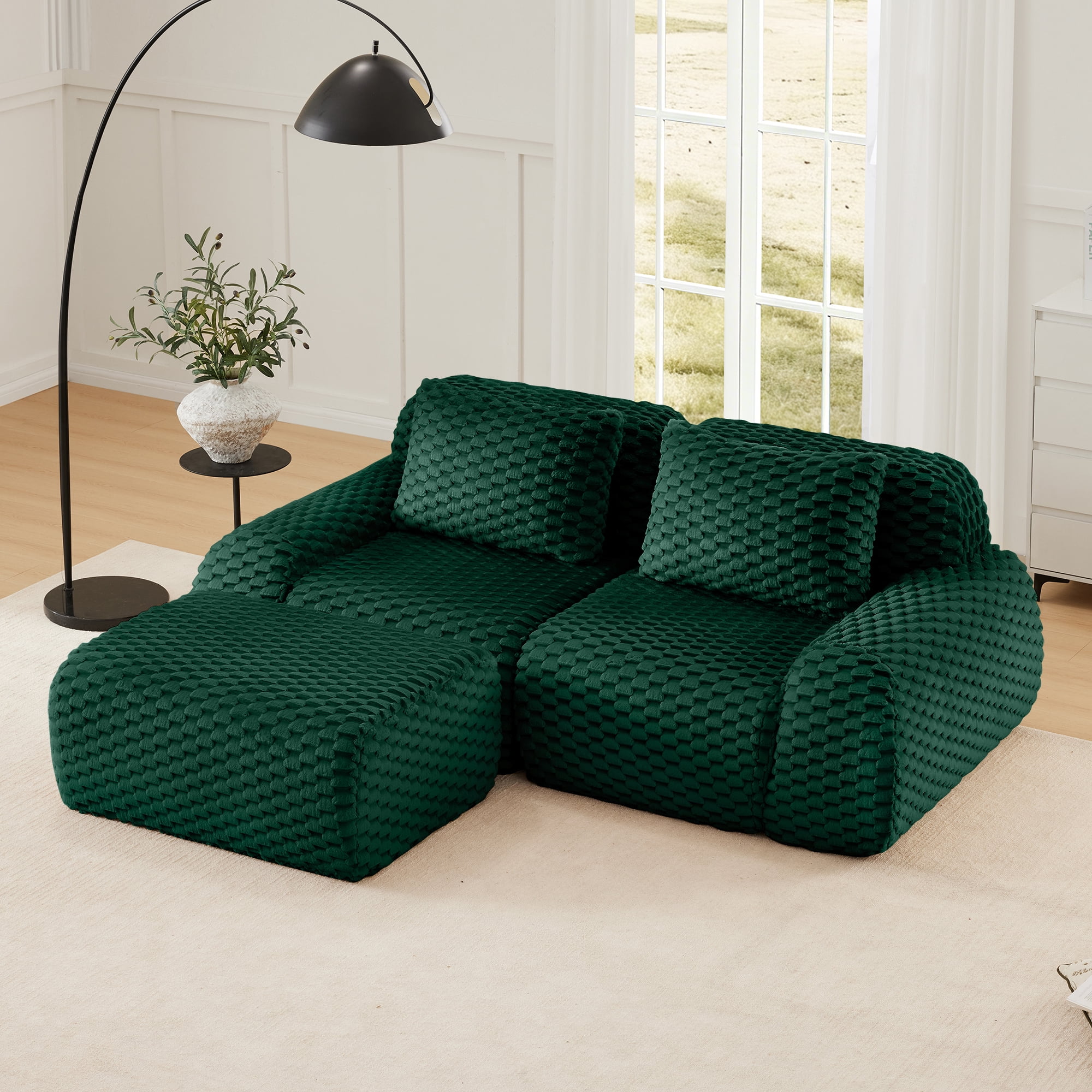 MAYEERTY 82" Modern L-Shaped Sofa, Textured Flannelette, Movable Ottoman, Cloud Comfort, No Assembly, Green