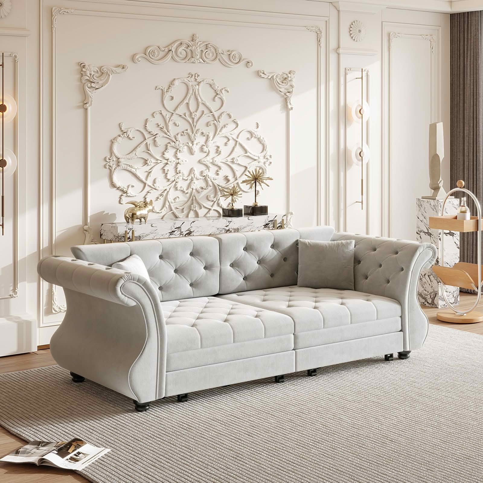 MAYEERTY 83.8" Chesterfield Pull‑Out Sofa Bed, Classic Roll‑Arm Velvet Couch with Flower Tufting, 2 Pillows Included for Living Room, Bedroom and Apartment