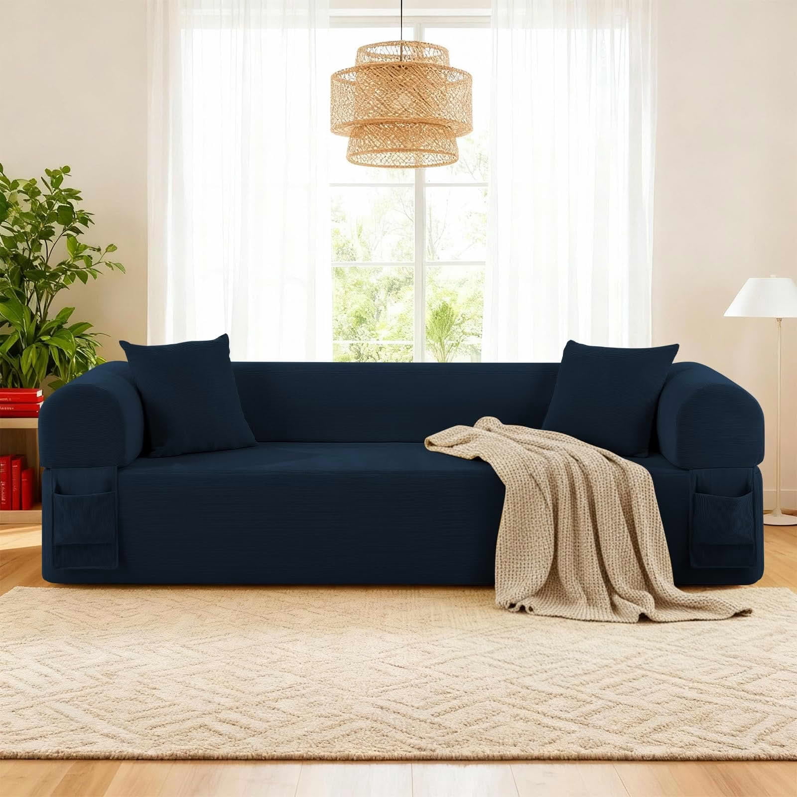MAYEERTY 83" Blue Corduroy 3-Seater Sofa, 600lbs Pocket Spring No Assembly Couch for Living Room