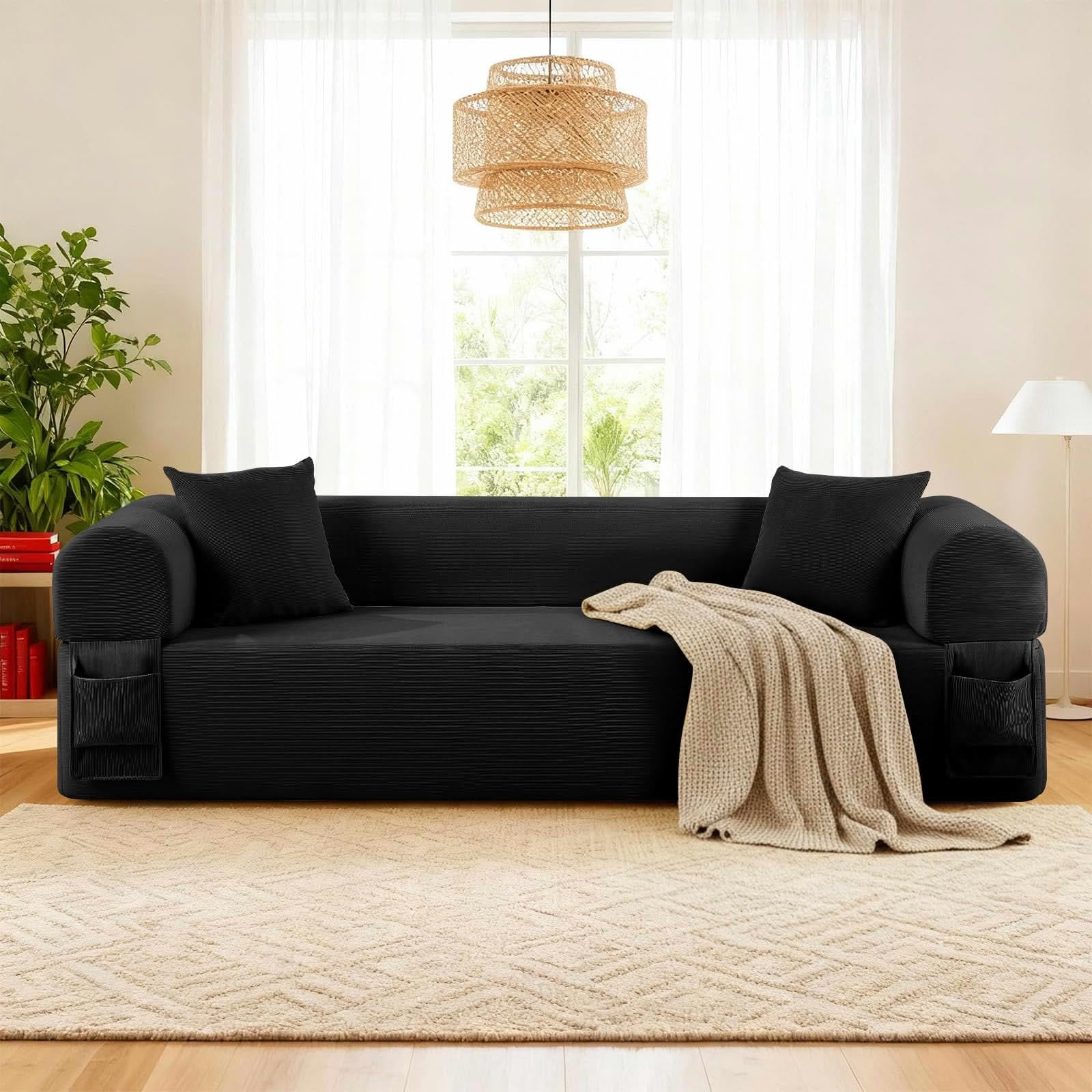 MAYEERTY 83" Gray Corduroy 3-Seater Sofa, 600lbs Pocket Spring No Assembly Couch for Living Room