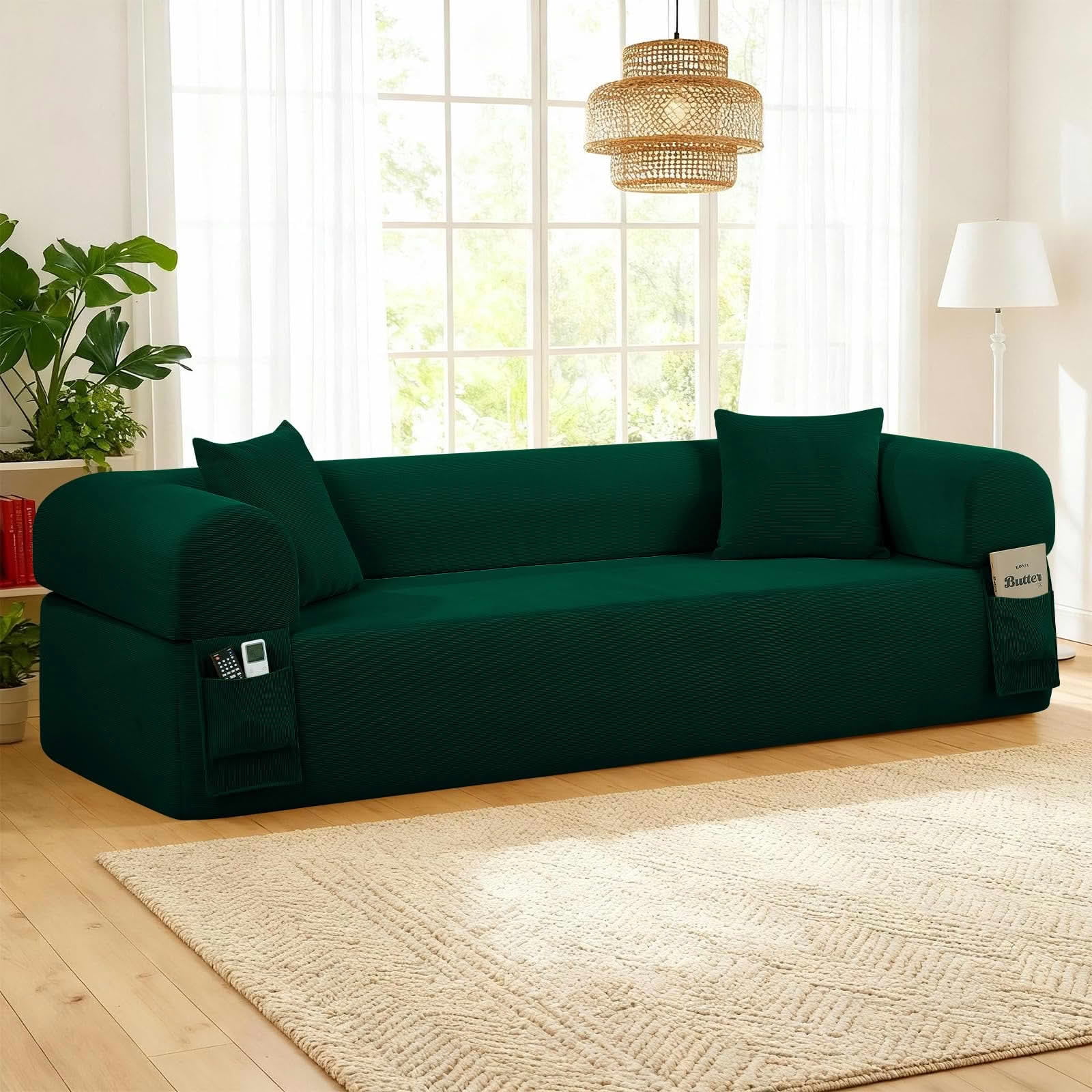 MAYEERTY 83" Green Corduroy 3-Seater Sofa, 600lbs Pocket Spring No Assembly Couch for Living Room