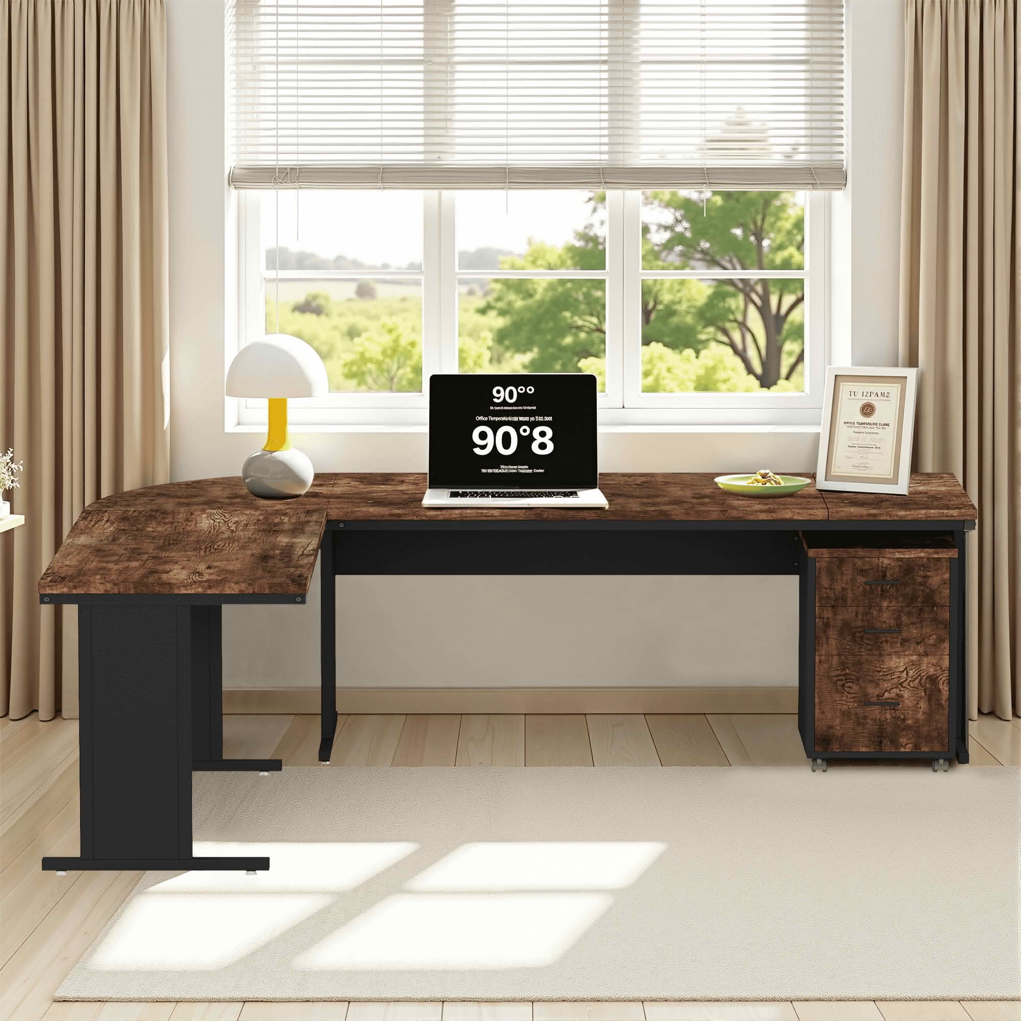 MAYEERTY 83 Inch Reversible Industrial L-Shaped Executive Corner Desk with Mobile 3-Drawer File Cabinet, Rustic Brown Particleboard Black Steel Frame Workstation for Home Office