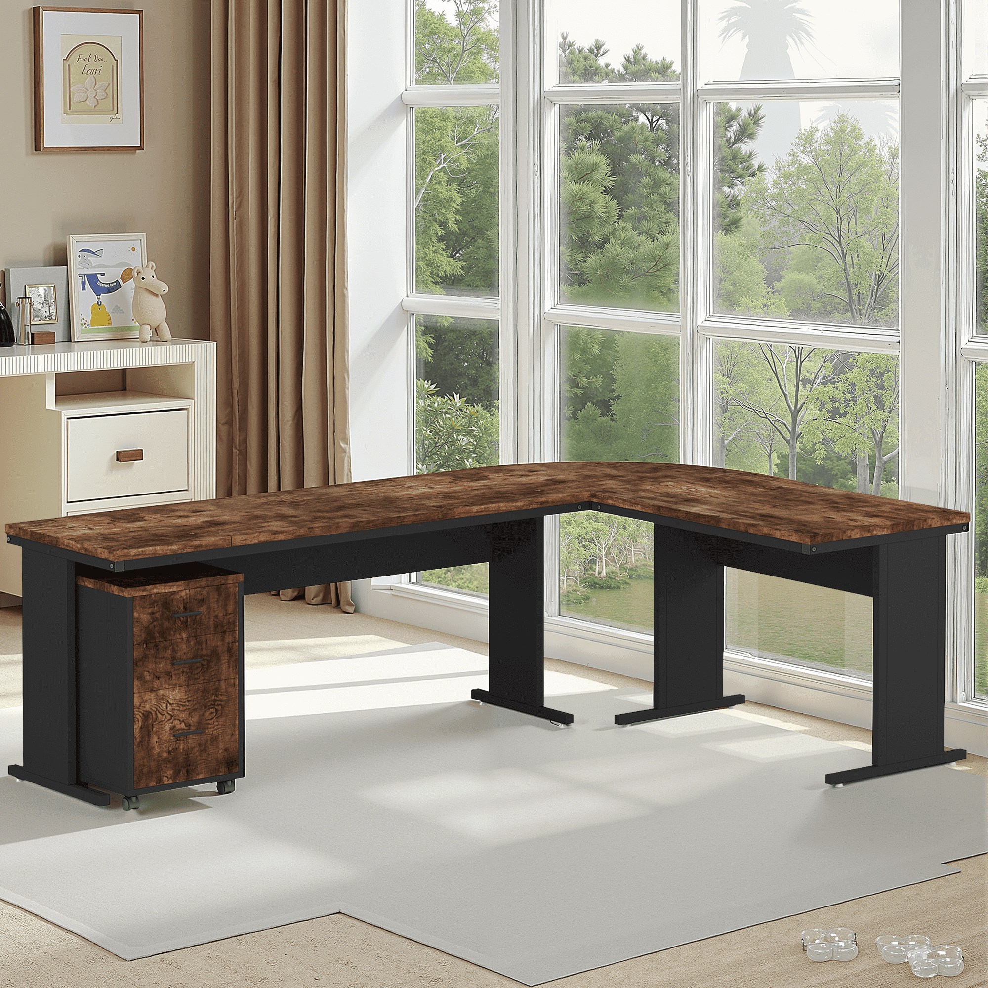 MAYEERTY 83" L-Shaped Desk, Industrial Corner Executive Desk with Mobile File Cabinet
