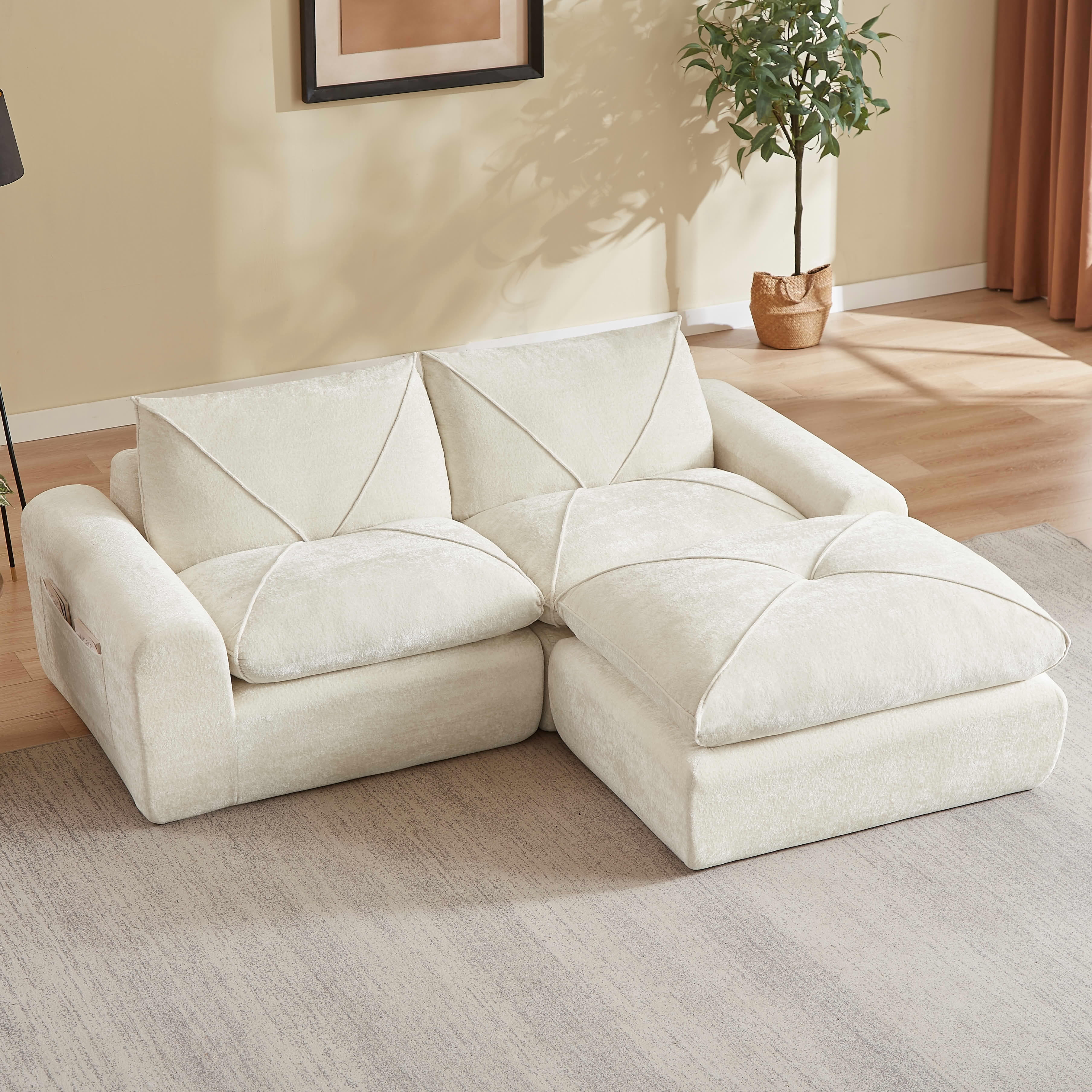 MAYEERTY 85" Cream Chenille Modular Sectional Sofa, Spring Support with Ottoman for Living Room Apartment