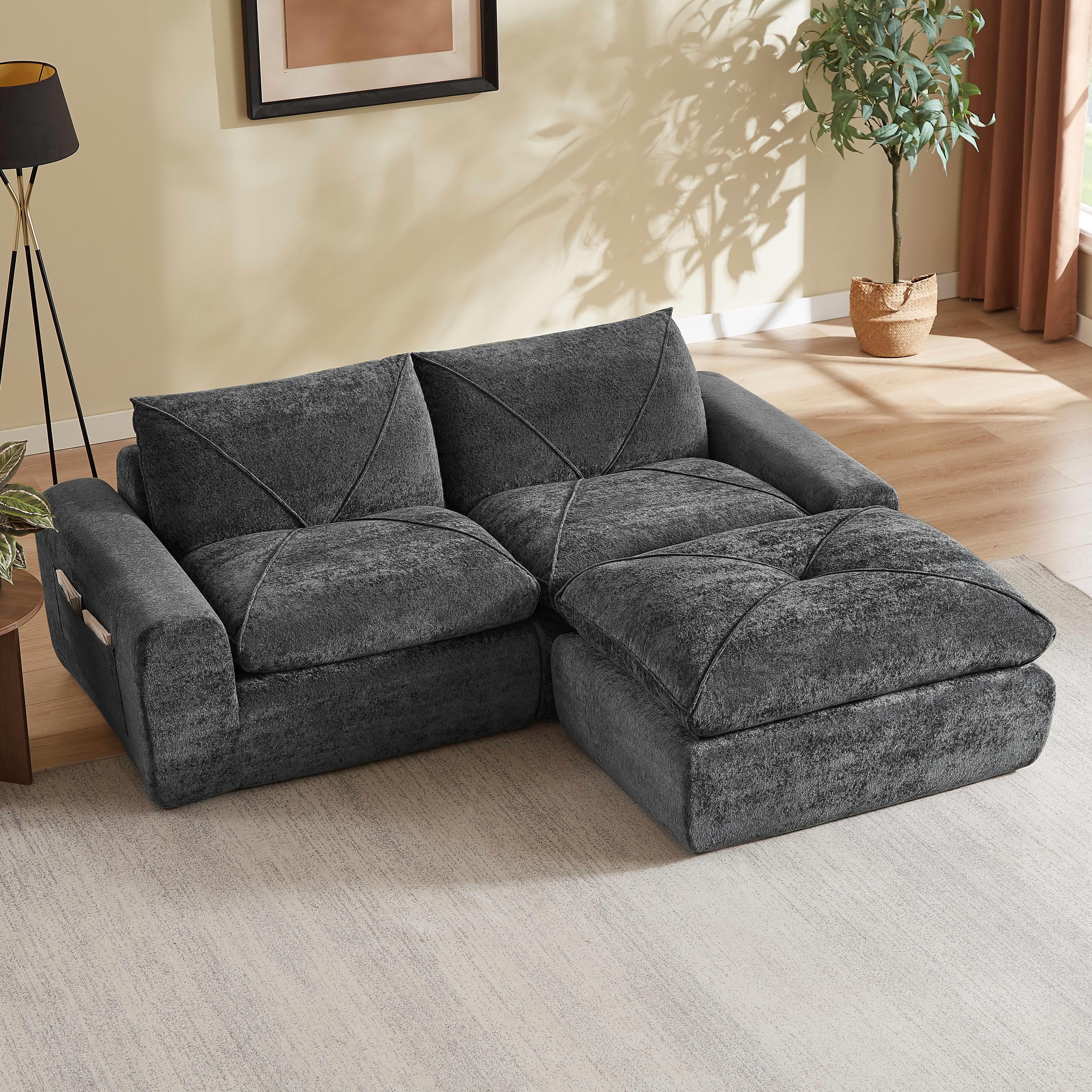 MAYEERTY 85" Dark Gray Chenille Modular Sectional Sofa, Spring Support with Ottoman for Living Room Apartment