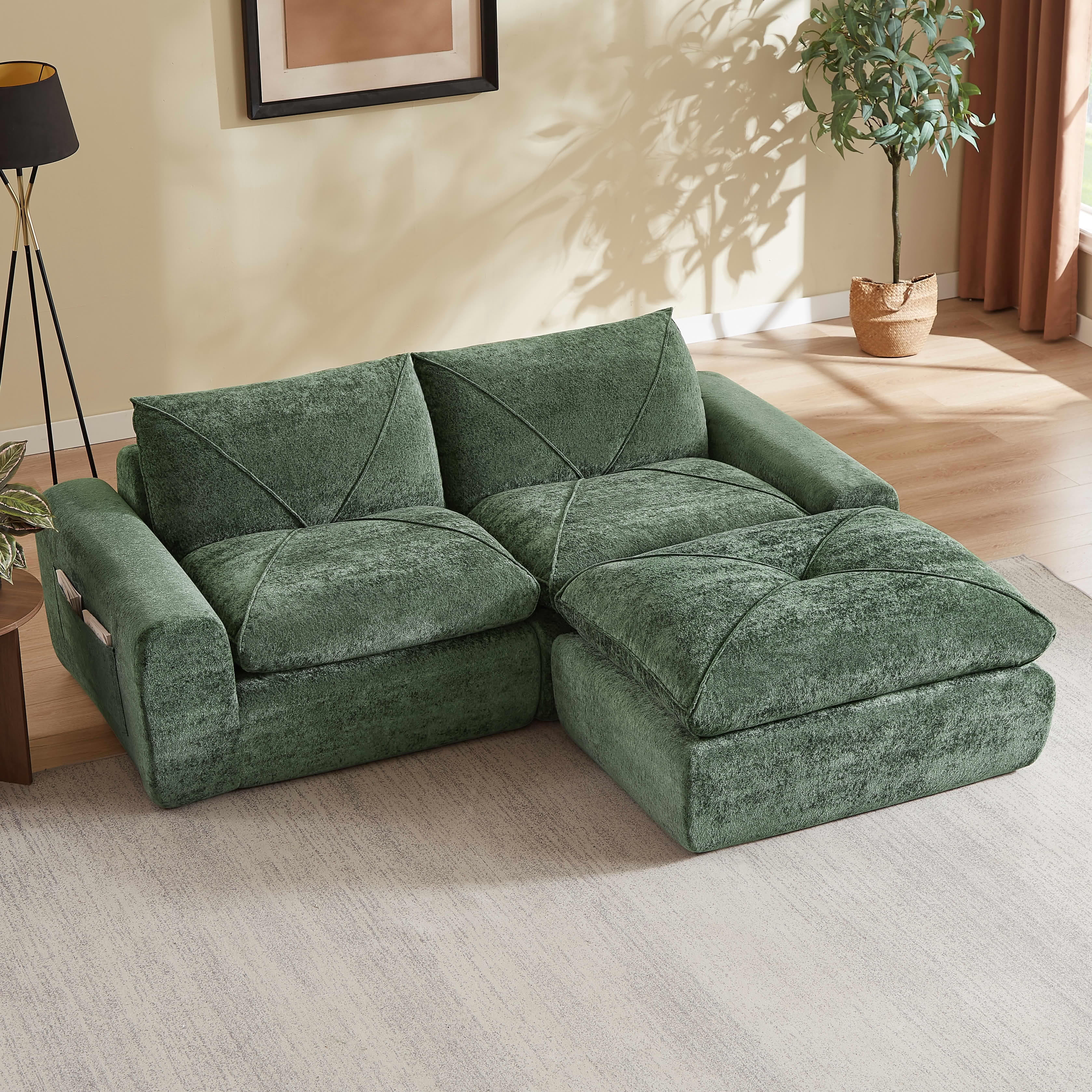 MAYEERTY 85" Green Chenille Modular Sectional Sofa, Spring Support with Ottoman for Living Room Apartment