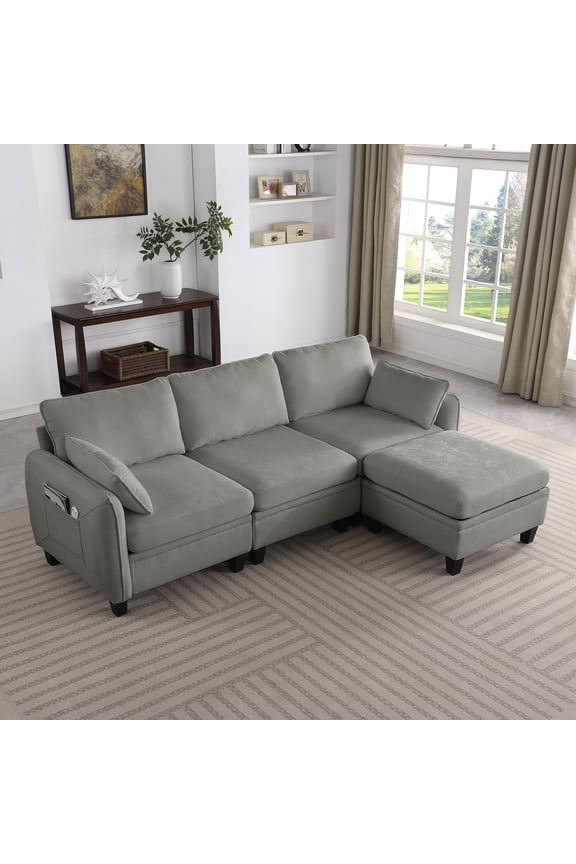 85 Inch Chenille Modular Sectional Sofa, DIY Combination Convertible Sofa with Storage Ottoman, for Living Room, Apartment