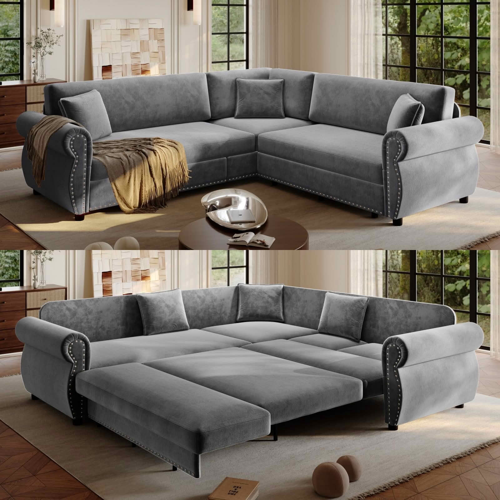 MAYEERTY 88.2" L‑Shaped Convertible Pull‑Out Sofa Bed, Chenille Sectional Couch with Nailhead Trim & Rolled Arms, Multifunctional Sleeper Sofa