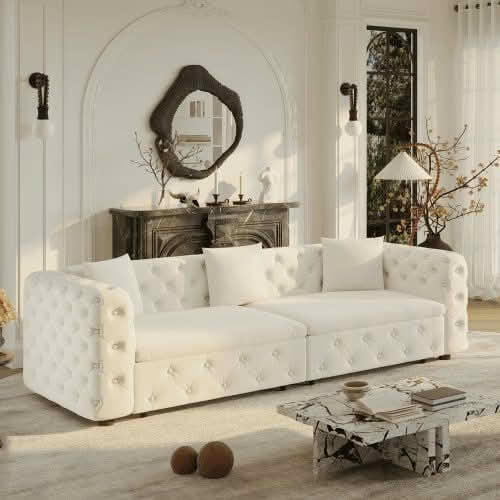 MAYEERTY 89" 4‑Seater 3‑in‑1 Pull‑Out Velvet Sofa Bed, Classic Tufted Multifunctional Couch with 3 Throw Pillows for Apartment & Living Room