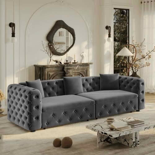 MAYEERTY 89" 4‑Seater 3‑in‑1 Pull‑Out Velvet Sofa Bed, Classic Tufted Multifunctional Couch with 3 Throw Pillows for Apartment & Living Room