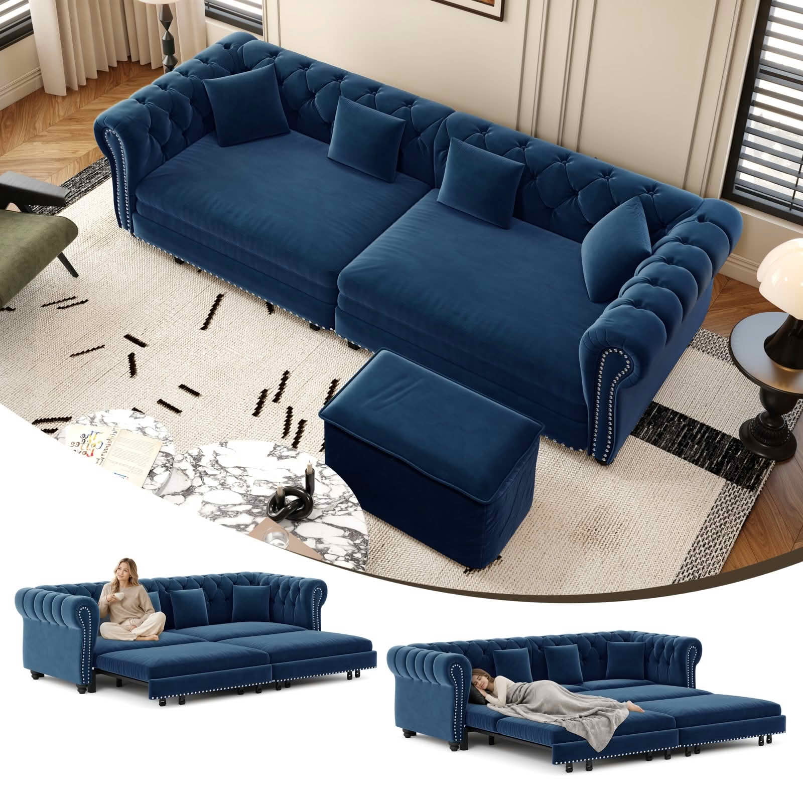 MAYEERTY 89" Chesterfield 3‑in‑1 Pull‑Out Sofa Bed, Tufted Velvet 3‑Seater Couch with Movable Ottoman, King Size Sleeper Chaise Lounge, 4 Pillows Included