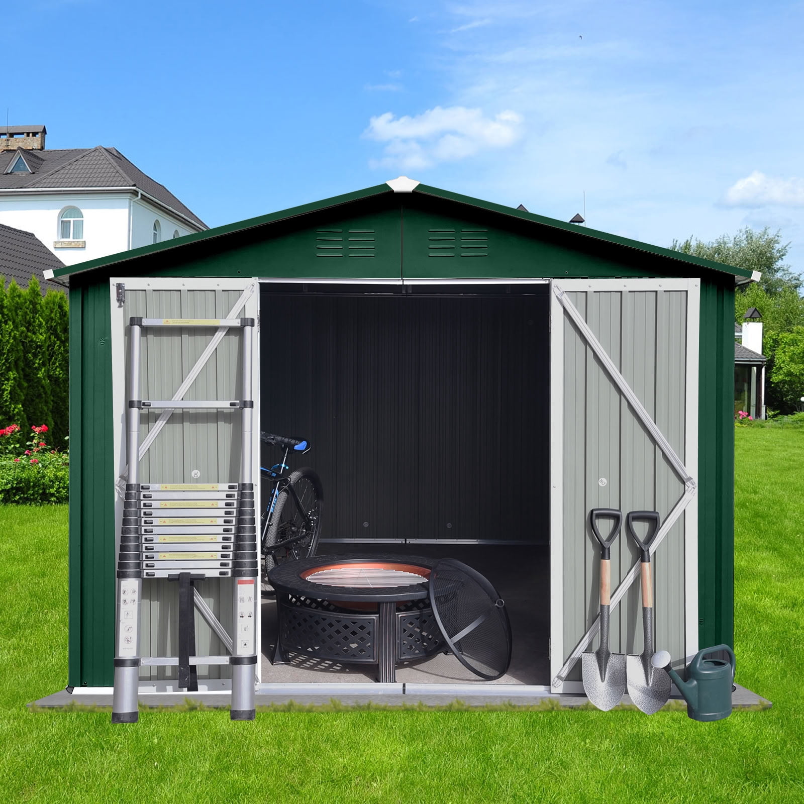 MAYEERTY 8x10 FT Outdoor Storage Shed, Galvanized Steel Garden Shed with Hinged Lockable Double Doors & Vents, for Backyard, Patio & Lawn (No Floor Included)