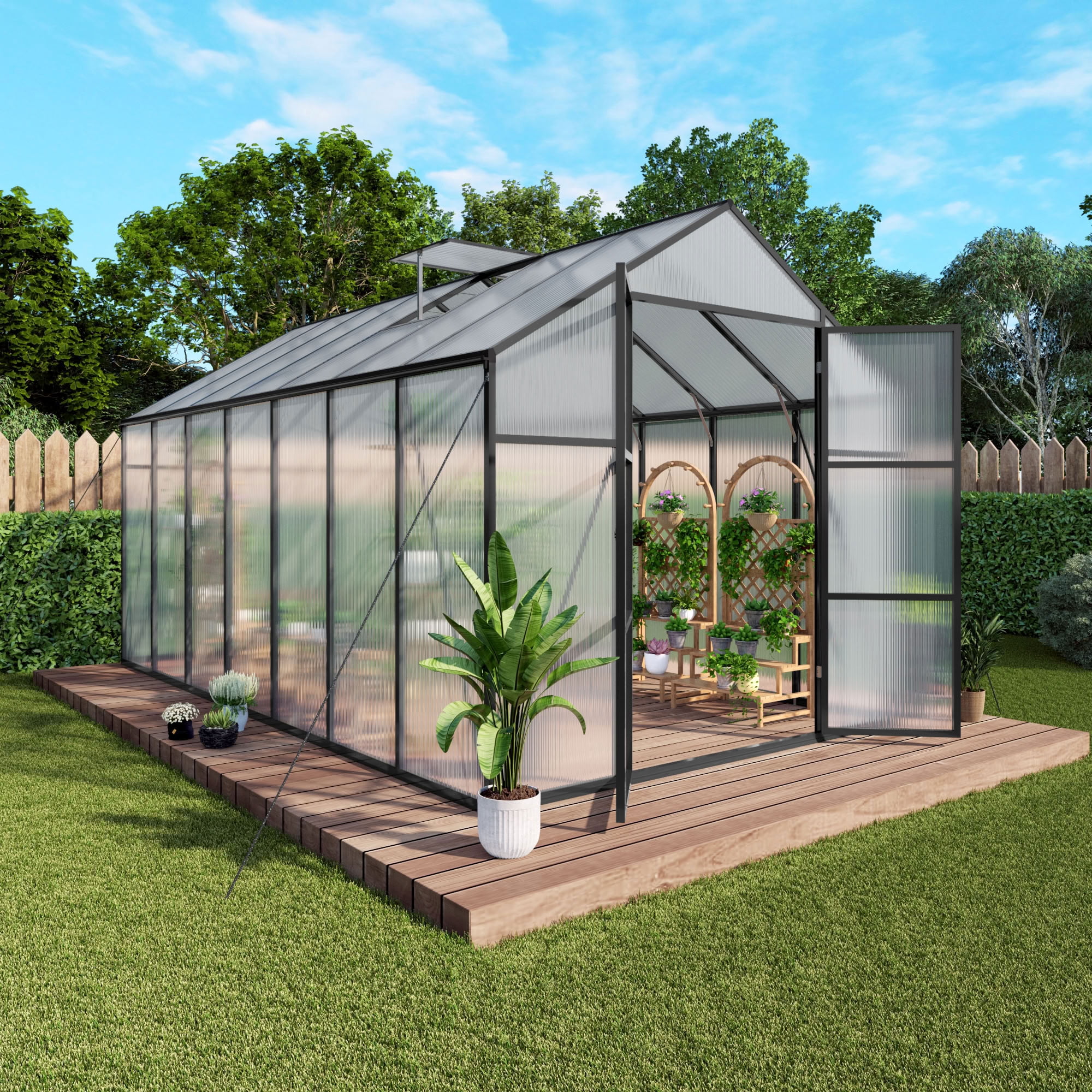 MAYEERTY 8x14 FT Walk-in Greenhouse with Raised Base & Anchors, All-Season Windproof Greenhouse with Drainage System for Backyard, Garden & Patio