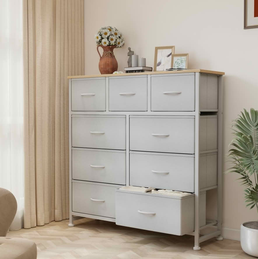MAYEERTY Tall Fabric Storage Dresser Tower with Wooden Top, Multi Drawer Organizer Cabinet for Nursery Kid Room Closet Entryway