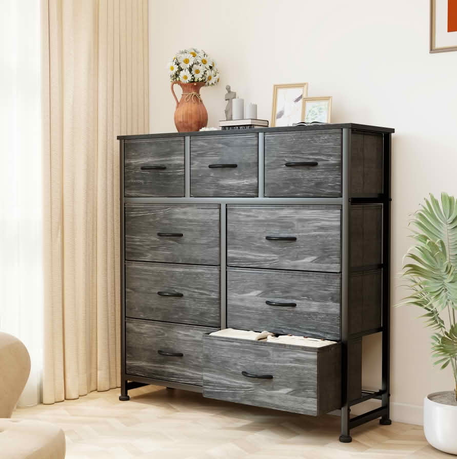 MAYEERTY Tall Fabric Storage Dresser Tower with Wooden Top, Multi Drawer Organizer Cabinet for Nursery Kid Room Closet Entryway