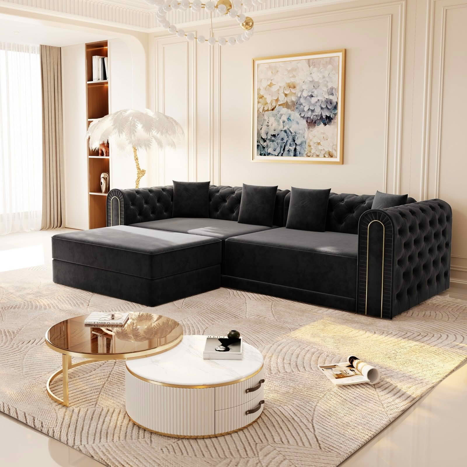 MAYEERTY 90.6" 3‑in‑1 Convertible Sleeper Sofa, Modern Velvet 3‑Seater Couch with Tufted & Gold Trim, Movable Ottoman, 4 Pillows Included