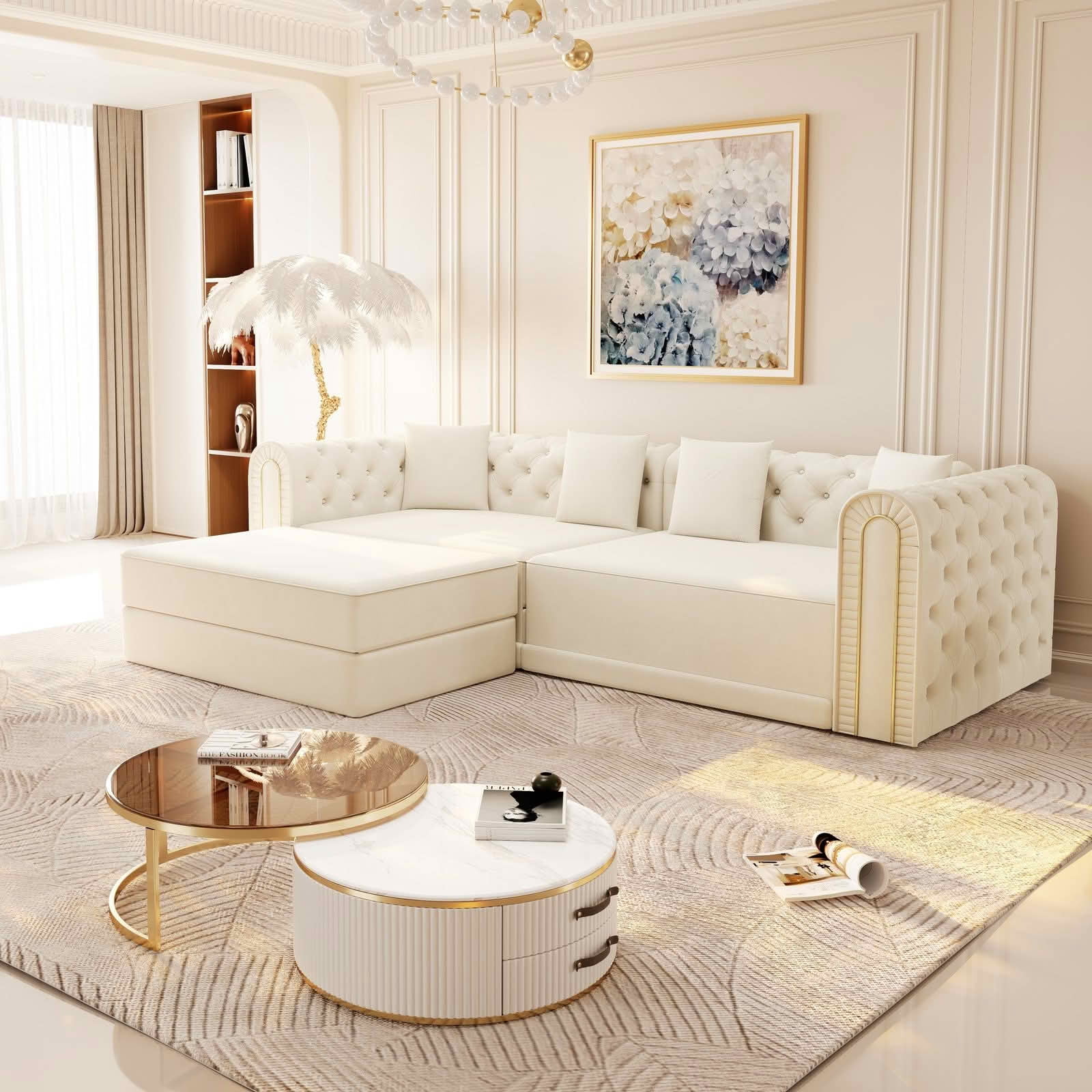 MAYEERTY 90.6" 3‑in‑1 Convertible Sleeper Sofa, Modern Velvet 3‑Seater Couch with Tufted & Gold Trim, Movable Ottoman, 4 Pillows Included