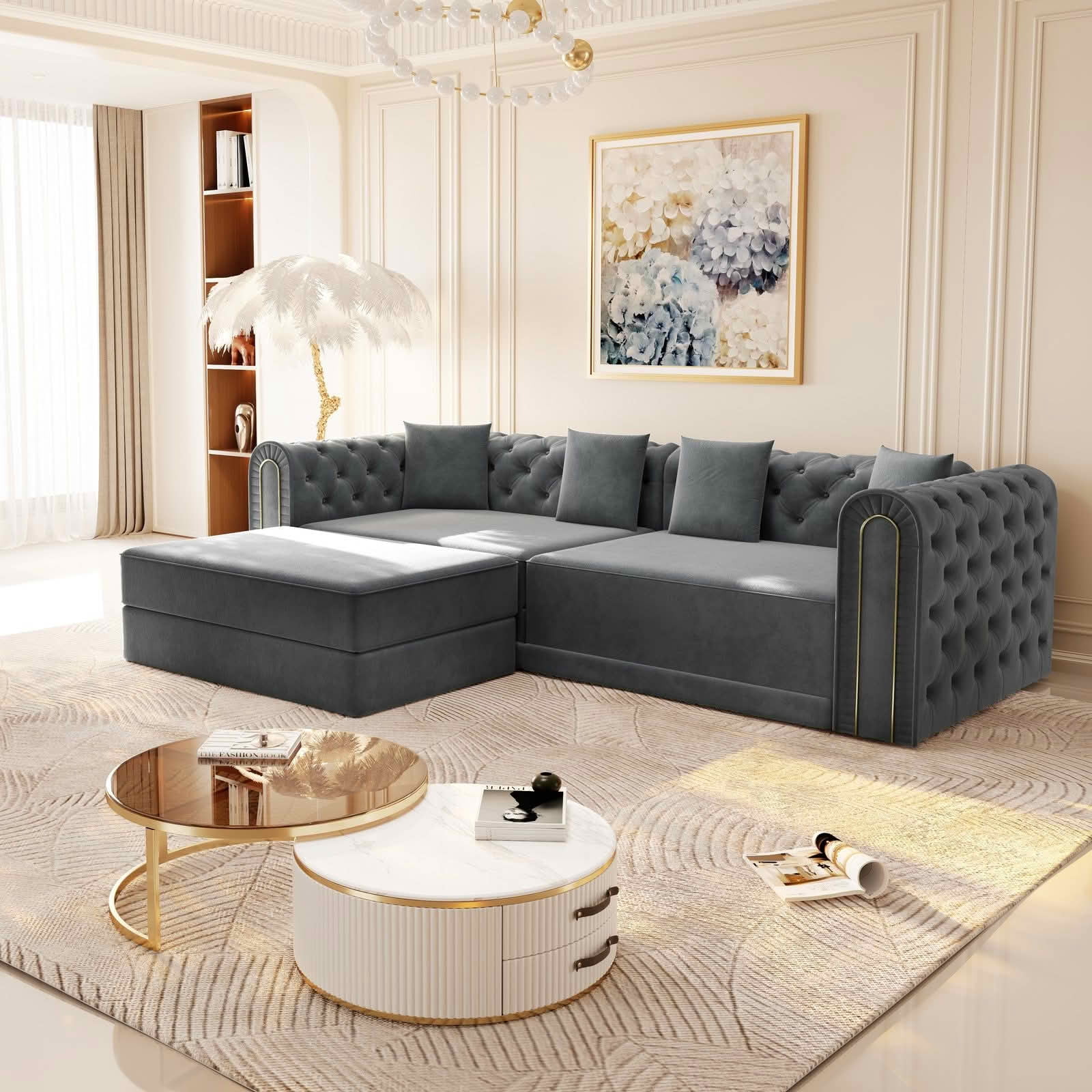 MAYEERTY 90.6" 3‑in‑1 Convertible Sleeper Sofa, Modern Velvet 3‑Seater Couch with Tufted & Gold Trim, Movable Ottoman, 4 Pillows Included