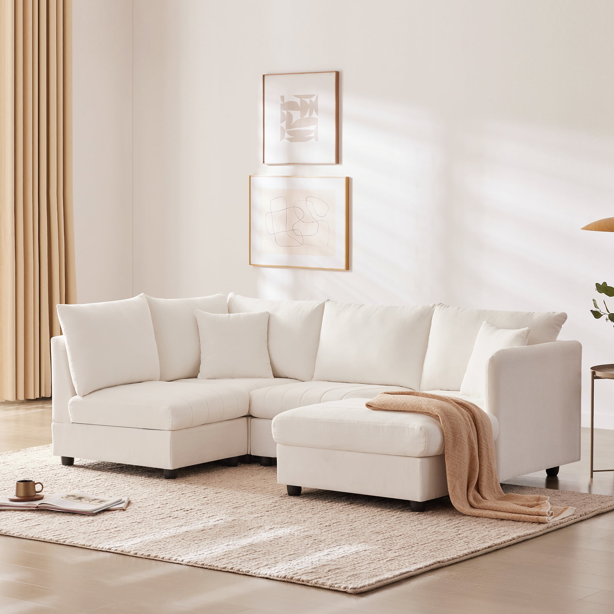 MAYEERTY 90"×80" 5-Seat L-Shaped Modern Sectional Sofa - With Ottoman & Pillows, 3 Color Options