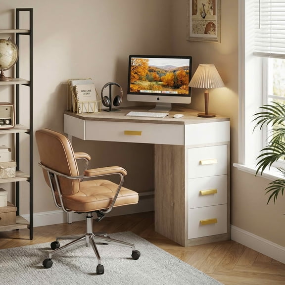 MAYEERTY 90 Triangle Corner Desk with 4 Drawers, Vanity Makeup Computer Desk