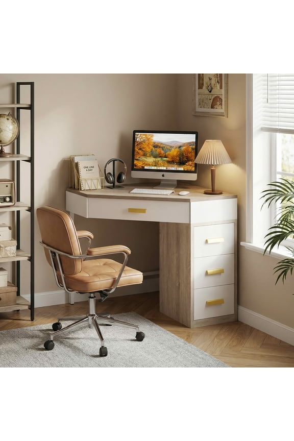 90 Triangle Corner Desk with 4 Drawers, Vanity Makeup Computer Desk