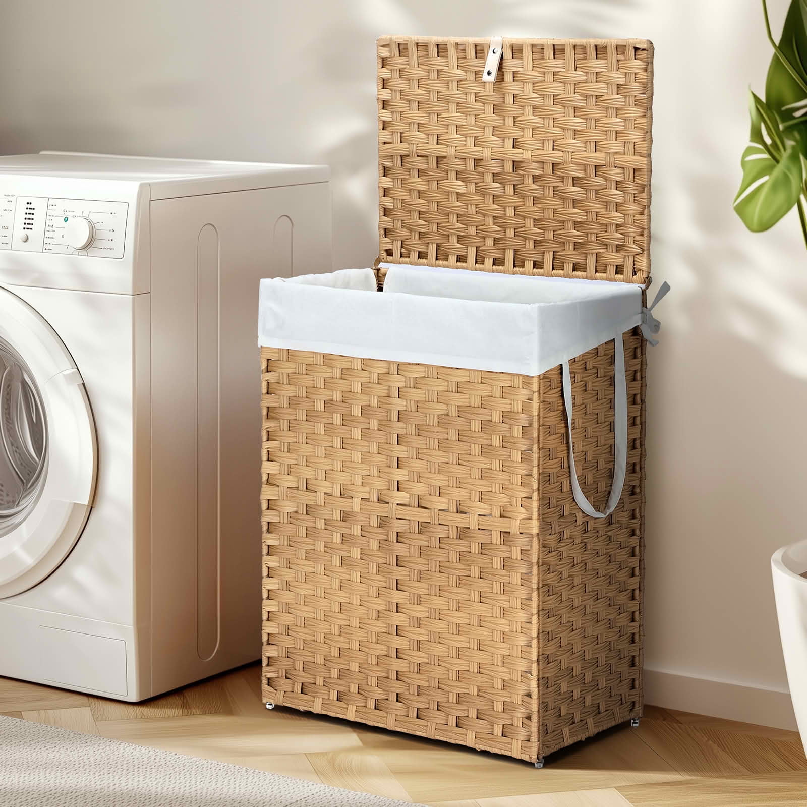 MAYEERTY 90L Hand-Woven PP Rattan Laundry Basket with Lid, Foldable with Compartments Handles