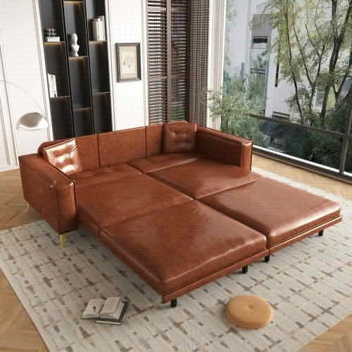 MAYEERTY 92.1" King Size Pull‑Out Sofa Bed, 3‑in‑1 Faux Leather Convertible Sleeper Sofa, Tufted 4‑Seater Couch with Wide Armrests, 2 Pillows Included