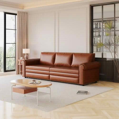 MAYEERTY 93.7" Chesterfield 3‑in‑1 Pull‑Out Sofa Bed, Faux Leather Sleeper Sofa with Nailhead Trim & Rolled Arms, King Size, 3 Pillows Included